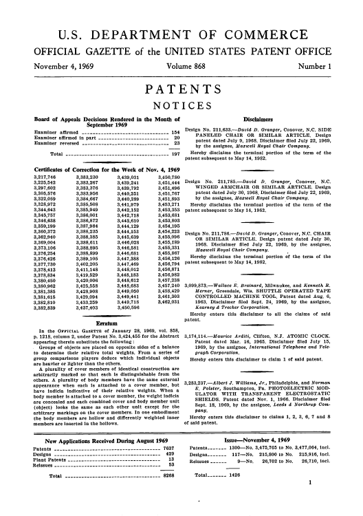 handle is hein.intprop/uspagaz0470 and id is 1 raw text is: U.S. DEPARTMENT OF COMMERCE
OFFICIAL GAZETTE of the UNITED STATES PATENT OFFICE

November 4, 1969

Volume 868

Number 1

PATENTS
NOTICES

Board of Appeals Decisions Rendered in the Month of
September 1969
Examiner affirmed --------------------------------154
Examiner affirmed in part --------------------------20
Examiner reversed -------------------------------- 23
Total -------------------------------------- 197
Certificates of Correction for the Week of Nov. 4, 1969

3,217,746
3,225,542
3,297,602
3,305,576
3,322,059
3,328,972
3,344,643
3,345,757
3,346,638
3,359,199
3,360,372
3,362,940
3,369,004
3,373,106
3,376,254
3,376,426
3,377,730
3,378,413
3,378,834
3,380,450
3,380,962
3,381,385
3,381,615
3,382,810
3,382,839

3,383,230
3,383,267
3,383,376
3,383,956
3,384,667
3,385,508
3,385,949
3,386,001
3,386,872
3,387,984
3,388,235
3,388,385
3,388,611
3,388,895
3,388,899
3,389,105
3,402,205
3,411,148
3,419,529
3,420,006
3,425,558
3,428,908
3,429,094
3,433,259
3,437,403

3,439,031
3,439,241
3,439,792
3,440,251
3,440,289
3,441,979
3,442,152
3,442,718
3,443,610
3,444,129
3,444,153
3,445,639
3,446,028
3,446,581
3,446,681
3,447,388
3,447,469
3,448,012
3,448,183
3,448,612
3,448,683
3,449,050
3,449,441
3,449,718
3,450,596

3,450,780
3,451,444
3,451,496
3,451,767
3,451,893
3,453,271
3,453,353
3,453,681
3,453,803
3,454,195
3,454,223
3,455,096
3,455,189
3,455,331
3,455,867
3,456,126
3,456,794
3,456,871
3,456,982
3,457,238
3,457,240
3,458,429
3,461,303
3,462,031

Erratum
In the OFFICIAL GAZETTE of January 28, 1969, vol. 858,
p. 1218, column 2, under Patent No. 3,424,455 for the Abstract
appearing therein substitute the following:
Groups of objects are placed on opposite sides of a balance
to determine their relative total weights. From a series of
group comparisons players deduce which individual objects
are heavier or lighter than the others.
A plurality of cover members of identical construction are
arbitrarily marked so that each is distinguishable from the
others. A plurality of body members have the same external
appearance when each is attached to a cover member, but
have indicia indicative of their relative weights. When a
body member is attached to a cover member, the weight indicia
are concealed and each combined cover and body member unit
(object) looks the same as each other unit except for the
arbitrary markings on the cover members. In one embodiment
the body members are hollow and differently weighted inner
members are inserted in the hollows.

Disclaimers
Design No. 211,633.-David D. Granger, Conover, N.C. SIDE
PANELED CHAIR OR SIMILAR ARTICLE. Design
patent dated July 9, 1968. Disclaimer filed July 22, 1969,
by the assignee, Maxwell Royal Chair Company.
Hereby disclaims the terminal portion of the term of the
patent subsequent to May 14, 1982.
Design No. 211,785.-David D. Granger, Conover, N.C.
WINGED ARMCHAIR OR SIMILAR ARTICLE. Design
patent dated July 30, 1968. Disclaimer filed July 22, 1969,
by the assignee, Maxwell Royal Chair CompanU.
Hereby disclaims the terminal portion of the term of the
patent subsequent to May 14, 1982.
Design No. 211,786.-David D. Granger, Conover, N.C. CHAIR
OR SIMILAR ARTICLE. Design patent dated July 30,
1968. Disclaimer filed July 22, 1969, by the assignee,
Maxwell Royal Chair Company.
Hereby disclaims the terminal portion of the term of the
patent subsequent to May 14, 1982.
3,099,873.-Wallace E. Brainard, Milwaukee, and Kenneth R.
Merner, Greendale, Wis. SHUTTLE OPERATED TAPE
CONTROLLED MACHINE TOOL. Patent dated Aug. 6,
1963. Disclaimer filed Sept. 24, 1969, by the assignee,
Kearney & Trecker Corporation.
Hereby enters this disclaimer to all the claims of said
patent.
3,174,114.-Maurice Arditi, Clifton, N.J. ATOMIC CLOCK.
Patent dated Mar. 16, 1965. Disclaimer filed July 15,
1969, by the assignee, International Telephone and Tele-
graph Corporation.
Hereby enters this disclaimer to claim 1 of said patent.
3,283,237.-Albert J. Williams, Jr., Philadelphia, and Norman
E. Polster, Southampton, Pa. PHOTOELECTRIC MOD-
ULATOR WITH TRANSPARENT ELECTROSTATIC
SHIELDS. Patent dated Nov. 1, 1966. Disclaimer filed
Sept. 18, 1969, by the assignee, Leeds & Northrup Com-
pany.
Hereby enters this disclaimer to claims 1, 2, 3, 6, 7 and 8
of said patent.

New Applications Received During August 1969
Patents --------------------------------------- 7637
Designs --------------------------------------- 429
Plant Patents ----------------------------------  13
Reissues.------------------------------------     53
Total ----------------------------------- 8268

Issue-November 4, 1969
Patents----- 1300-No. 3,475,765 to No. 3,477,064, incl.
Designs ------- 117-No. 215,800 to No. 215,916, incl.
Reissues ------  9-No.    26,702 to No.  26,710, intl.

Total -.---  1426


