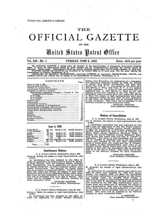 handle is hein.intprop/uspagaz0490 and id is 1 raw text is: Patents Nos. 2,003,279 to 2,004,087

THE
OFFICIAL GAZETTE
OF THE
Vol. 455--No. 1                    TUESDAY, JUNE 4, 1935                       Price-S16 per year
The OFFICIAL GAZETTE is arailed under the direction of the Superintendent of Documents, Government Printing
Office, to whonm all subscriptions should be made payable and all communications respecting the Gazette should be
addressed. Issued weekly. Subscriptions, $16.00 per annum, including annual index, $18.75; single numbers, 35 cents each.
PEINTED COPIES OF PATENTS are furnished by the Patent Office at 10 cents each. For the latter address the
Commissioner of Patents, Washington. D. C.
CIRCULARS OF GENERAL INFORMATION concerning PATENTS or concerning TRADE-MARKS, PRINTS, and
LABELS will be sent without cost on request to the Commissioner of Patents, Washington, D. C.

C-   NTNTrS                       Page
ISSUE oF June 4, 1935 ----------------------------------------  I
INTERFERENCE NOTICES -------------------------------------- I
NOTICES OF CANCELLATION ----------------------------------- 2
APPLICATIONS UNDER EXAMINATION -------------------------  2
DECISIONS OF THE U.S. COURTS-
Metropolitan Engineering Company v. Conway P. Coe,
Commissioner of Patents    -------------------------------  3
In re Dodge ---------------------------------------------- 4
In  re  Crow ley  ------------------------------------------.  5
In re Arendt -------..--------------------------...........  7
PATENT SUITS -------------------_--- -------------------- 9
DISCLAIMERS- ---------      ---------------------------- I
ADJUDICATED PATENTS --------------------------------------- 12
ADVERSE DECISIONS IN INTERFERENCE ----------------------  12
TRADE-MARES PUBLISHED (198 ArLICATIONS) -------------- 13
TRADE-MARK REGISTRATIONS GRANTED       ---------------   36
TRADE-MARK REGISTRATIONS RENERVED -------------------    47
LABELS ------------------------------------------------------ 49
PRINTS ------------------------------------------------------ 51
REISSUES --------------------------------------------------- 3
PLANT PATENTS --------------------------------------------- 54
PATENTS GRANTED -------.--------------------------------55
DESIGNS -----------------------------------------------------237
June 4, 1935
Trade-Marks -------  259-No. 324,781 to No. 325,039, inclusive.
T. M. Renewals ....  64
Labels ------------- 70-No.    45,694 to No.  45,763, inclusive.
Prints ------------- 32-No.   15,182 to No.  15,213, Inclusive
Reissues -----------  7-No.   19,596 to No.  19,602, inclusive
Plant Patents 1-----  I-No.      127
Patents ------------ 809-No. 2,003,279 to No. 2,004,087, inclusive.
Designs ----------- 101-No.   95,787 to No.  95,887, inclusive.
Total --------- 1,343
Interference Notices
U. S. PATENT OFFICE, Washington, Ma 9, M5.
James H. Dalhey, his assigns or legal representatives, take
notice:
An Interference has been declared by this Office be-
tween an application for patent filed by James H. Dalbey,
%  Hotel McAlpin, 10th and Chestnut Streets, Philadel-
phia. Pennsylvania, and an application for patent filed
by Charles Henderson, 19 West Plumstead Avenue, Lans-
downe, Pennsylvania. The attorney for Dalbey states
that he is unable to locate said Dalbey. Notice is hereby
given that unless said Dalbey, his assigns or legal repre-
sentatives, shall enter an appearance therein within thirty
days from the first publication of this order the interfer-
ence will be proceeded with as in case of default. This
notice will be published In the OFFICIAL GAzRTT for
three consecutive weeks.
RICHARD SPENCER.
First Assistant Commissioner.
U. S. PATENT OFFICE, Washington, May 22. 1935.
Mervin A. Hunt, his assigns or legal representatives, take
notice:
An Interference has been declared by this Office be-
tween   the  application  of Joseph    William   Simoneau,

Nashua, New Hampshire, for registration of a trade-mark,
and trade-mark registered October 29, 1929, No. 263,099,
to Allison Drug Stores, Incorporated, 109 West 64th
Street, New York N. Y. The records of this Office show
that Mervin A. hunt, New York, N. Y., is the assignee
of said registrant. A notice of such proceeding sent by
registered mail to said Mervin A. Hunt at the said
address, having been returned by the Post Office as un-
deliverable, notice is hereby given that unless said Mervin
A. Hunt, his assigns or legal representatives shall enter
an appearance within 30 days from tlbe first publication
of this order, the Interference will be proceeded with as
In case of default. This notice will be published in the
OFFICIAL GAZETTE for three consecutive weeks.
RICHARD SPENCER,
First Assistant Commissioner.
Notices of Cancellation
U. S. PATENT OFFICE, Washington, May 10, 1935.
Gee. B. Clemmer, his assigns or lcgal representatives take
notice:
A cancellation proceeding has been Instituted by this
Office upon the application of Ray Day Piston Corpora-
tion of Detroit. 6656 Walton Avenue, Detroit, Michigan,
to effect the cancellation of trade-mark registration No.
181,877. issued March 25. 1924, to Geo. B. Clemmer, 114
Mount Royal Avenue. Baltimore, Maryland, James A.
Hughes. 311 Second Highland Avenue, Baltimore, Mary-
land, baving been Joined with said Geo. B. Clemmer as
respondent. The notice of such proceeding sent to said
Gep. B. Clemmer by registered mail at the said address
having been returned by the post office undeliverable,
notice Is hereby given that unless said Geo. B. Clemmer,
his assigns or legal representatives, shall enter an ap-
pearance therein within thirty days from the first pub-
lication of this order the cancellation will be proceeded
with as in the case of default. This notice will be pub-
lished in the OFFICIAL GAZETrn for three consecutive
weeks.
RICHARD SPENCER,
First Assistant Commissioner.
U. S. PATENT OFFICE, Washington, May 8, 1935.
W. Margulis, his assigns or legal representatives take
notice:
An application for cancellation having been filed In this
Office by Clover Leaf Products Co.. 1848 East Vernon
Avenue. Los Angeles, Calif.. to effect the cancellation
of trade-mark registration of W. Margulis. 671 Rio Street,
Los Angeles, Calif., No. 317,803, dated    October 2,
1934, and the notice of such proceeding sent by registered
mail to the said W. Margulis at the said address having
been returned by the post office undeliverable, notice is
hereby given that unless said W. Margulis, his assigns or
legal representatives, shall enter an appearance therein
within thirty days from the first publication of this order
the cancellation will be proceeded with as In the case of
default. This notice will be published in the OFFICIAL
GAZETTE for three consecutive weeks.
R. SPENCER.
First Assistant Commissioner.
I


