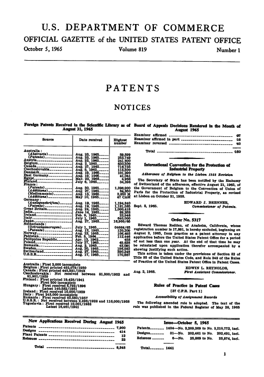 handle is hein.intprop/uspagaz0556 and id is 1 raw text is: U.S. DEPARTMENT OF COMMERCE
OFFICIAL GAZETTE of the UNITED STATES PATENT OFFICE

October 5, 1965

Volume 819

Number 1

PATENTS
NOTICES

Foreign Patents Received In the ScientC Library as of Board of Appeals Decisions Rendered in the Mouth of
August 31, 1965                                       August 1965

Source             Date received    Highest
number
Australia:
P~rt= 1                 19- ---------  A9,69
(Ae         ........... Aug. 23  965 .           599
Aug    , 1965  ..     253,749
Austria .......... ------- Aug. 23, 1965 ---    241.600
Belgium-----------....    Aug. 2, 1965:....   16,3
Canada                    Aug 2 ,1965 ...          7 67,5
Cechoslovakia ----------- Aug. 5, 1965 ------  118,500
Denmark --------------- Aug. 19, 19     1..     01,290
East Germany ----------Aug. 19, 195              41,041
------- --Mar. 23, 1965-..4.
-----------July 6,1965-            34,398
ute to# -------------- Aug. 30 1965 -----  1,396,900
Adi to) ----------- Aug. 27. 1965..          84 850
Medicaments) --------- Aug. 13, 190 ..:--  2,650 1
Adto     ) ----------- May 10, 1965 -----  47 CAM
Germany:
(A eeseohrften) -    - Aug. 19, 1965 ---  1,194,340
(Patent) .------------- Aug. 19, 1965 -     1,181,585
rest Britain -------------.Aug. 24, 1965 --  1,000,418
India ----------------  - June 14, 1965-         89,253
reland ------------------ Feb. 9, 1965-.        23,946
Italy ------------------July 1, 1965 ..        640 000
Japan ........... ------- Aug. 27, 1965 ...  16,966/66
rOctroo eawragen) --- July 1. 1965 ------04664/65
(Patents )------------- Aug. 12, 1965        120,209
orway----------------Aug. 23, 1965 -----     106,493
Pakistan ---------------Feb. 8, 1904- 12,446
Philipnine Republic ------- Apr. 13, 1962 ------  458
Polanandi .............. . July 27, 1965 -----   49,638
Rumania -----              .   2 1965---------  48,091
Swederand .............. AUg. 2b, 1965 ..... -  196
S1 -----------Ag       27,1965 ------- 90,348
US.S.R .----------------.      17, 1965         170,867
Australia: First 2,000 Incomplete
Belgium: First printed 493,079/1950
Canada: First printed 445,981/1948
Czechoslovakia: Not received between 81,800/1952 and
91,901/1959
Finland: First printed 19,428/1941
First 500 incomplete
Hungary: First received 5,792/1896
Latest 140,582/1951
Ireland: First received 10,000/1929
Italy: First 248,000 incomplete
Rumania: First received 40,880/1957
U.S.S.R.: Not received between 2.496/1928 and 116,000/1958
Yugoslavia: First received 10,001/1938
Latest 16,461/1941

Examiner affirmed ---------     - .-------------------
Examiner affirmed In part ------------------------ -16
Examiner reversed ------------------------------- 40
Total ------------------------------------- 160
International Convention for the Protection of
Idustrial Property
Adherence of Beloum to the Lisboa 1958 Revision
The Secretary of State has been notified by the Embassy
of Switzerland of the adherence, effective August 21, 1965, of
the Government of Belgium to the Convention of Union of
Paris for the Protection of Industrial Property, as revised
at Lisbon on October 81, 1958.

Sept. 8, 1965.

EDWARD J. BRENNER,
Oom09ieeior of Patents.

Order No. 5317
Edward Thomas Redden, of Anaheim, California, whose
registration number Is 17,891, is hereby excluded, beginning on
August 2, 1965, from practice as a patent attorney In any
application before the United States Patent Office for a period
of not less than one year. At the end of that time he may
be reinstated upon application therefor accompanied by a
showing Justifying such action.
This action is taken under the provisions of Section 82 of
Title 85 of the United States Code, and Rule 848 of the Rules
of Practice of the United States Patent Office In Patent Cases.
EDWIN L. REYNOLDS,
Aug. 2, 1965.             Piret Ae.itant Oos0mnsioner.
Rules of Practice In Patent Cases
ST C... Part 1]
Aceeesibiity of Aeignment Record.
The following amended rule is adopted. The text of the
rule was published In the Federal Register of May 28, 1965

New Applications Received During August 1965
Patents ------------------------------------- 7,900
Designs ------------------------------------- 414
Plant Patents -------------------------------- 12
Reissues ------------------------------------- 22
Total -------.---    ........----------- 8,848

Issue-October 5, 1965
Patents ----- 1404-No. 8,209,369 to No. 8,210,772, Inel.
Designs ------- 31-No. 202,461 to No. 202,491, tIel.
Reissues ------   6---No.  25,869 to No.  25,874, Inel.
Total   - ------ 1441


