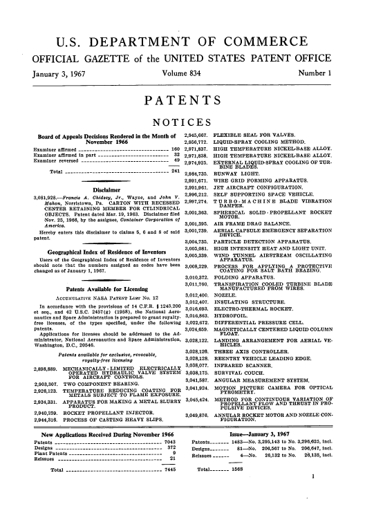 handle is hein.intprop/uspagaz0571 and id is 1 raw text is: U.S. DEPARTMENT OF COMMERCE
OFFICIAL GAZETTE of the UNITED STATES PATENT OFFICE

January 3, 1967

Volume 834

Number 1

PATENTS
NOTICES

Board of Appeals Decisions Rendered in the Month of
November 1966
Examiner affirmed ---------------------------------160
Examiner affirmed in part --------------------------32
Examiner reversed --------------------------------49
Total -------------------------------------- 241
Disclaimer
3,081,928.-Francis A. Chidsey, Jr., Wayne, and John V.
Mahon, Norristown, Pa. CARTON WITH RECESSED
-CENTER RETAINING MEMBER FOR CYLINDRICAL
OBJECTS. Patent dated Mar. 19, 1963. Disclaimer filed
'Nov. 25, 1966, by the assignee, Container Corporation of
America.
Hereby enters this disclaimer to claims '5, 6 and 8 of said
patent.
Geographical Index of Residence of Inventors
Users of the Geographical Index of Residence of Inventors
should note that the numbers assigned as codes have been
changed as of January 1, 1967.
Patents Available for Licensing
ACCUMULATIVE NASA PATENT Lis~T No. 12
In accordance with the provisions of 14 C.F.R. j 1245.200
et seq., and 42 U.S.C. 2457(g) (1958), the National Aero-
nautics and Space Administration is prepared to grant royalty-
free licenses, of the types specified, under the following
patents.
Applications for licenses should be addressed to the Ad-
ministrator, National Aeronautics and Space Administration,
Washington, D.C., 20546.
Patents available for exclusive, revocable,
royalty-free licensing
2,898,889. MECHANICALLY -LIMITED        ELECTRICALLY
OPERATED HYDRAULIC VALVE SYSTEM
FOR AIRCRAFT CONTROLS.
2,903,307. TWO COMPONENT BEARING.
2,926,123. TEMPERATURE      REDUCING     COATING    FOR
METALS SUBJECT TO FLAME EXPOSURE.
2,934,331. APPARATUS FOR MAKING A METAL SLURRY
PRODUCT.
2,940,259. ROCKET PROPELLANT INJECTOR.
2,944,316. PROCESS OF CASTING HEAVY SLIPS.

2,945,667. FLEXIBLE SEAL FOR VALVES.
2,956,772. LIQUID-SPRAY COOLING METHOD.
2,971,837. HIGH TEMPERATURE NICKEL-BASE ALLOY.
2,971,838. HIGH TEMPERATURE NICKEL-BASE ALLOY.
2,974,925. EXTERNAL LIQUID-SPRAY COOLING OF TUR-
BINE BLADES.
2,984,735. RUNWAY LIGHT.
2,991,671. WIRE GRID FORMING APPARATUS.
2,991,961. JET AIRCRAFT CONFIGURATION.
2,996,212. SELF SUPPORTING SPACE VEHICLE.
2,997,274. TURBO-MACHINE BLADE VIBRATION
DAMPER.
3,001,363. SPHERICAL SOLID -PROPELLANT ROCKET
MOTOR.
3,001,395. AIR FRAME DRAG BALANCE.
3,001,739. AERIAL CAPSULE EMERGENCY SEPARATION
DEVICE.
3,004,735. PARTICLE DETECTION APPARATUS.
3,005,081. HIGH INTENSITY HEAT AND LIGHT UNIT.
3,005,339. WIND TUNNEL AIRSTREAM OSCILLATING
APPARATUS.
3,008,229. PROCESS FOR APPLYING A PROTECTIVE
COATING FOR SALT BATH BRAZING.
3,010,372. FOLDING APPARATUS.
3,011,760. TRANSPIRATION COOLED TURBINE BLADE
MANUFACTURED FROM WIRES.
3,012,400. NOZZLE.
3,012,407. INSULATING STRUCTURE.
3,016,693. ELECTRO-THERMAL ROCKET.
3,016,863. HYDROFOIL.
3,022,672. DIFFERENTIAL PRESSURE CELL.
3,024,659. MAGNETICALLY CENTERED LIQUID COLUMN
FLOAT.
3,028,122. LANDING ARRANGEMENT FOR AERIAL VE-
HICLES.
3,028,126. THREE AXIS CONTROLLER.
3,028,128. REENTRY VEHICLE LEADING EDGE.
3,038,077. INFRARED SCANNER.
3,038,175. SURVIVAL COUCH.
3,041,587. ANGULAR MEASUREMENT SYSTEM.
3,041,924. MOTION PICTURE CAMERA FOR OPTICAL
PYROMETRY.
3,045,424. METHOD FOR CONTINUOUS VARIATION OF
PROPELLANT FLOW AND THRUST IN PRO-
PULSIVE DEVICES.
3,049,876. ANNULAR ROCKET MOTOR AND NOZZLE CON-
FIGURATION.

New Applications Received During November 1966
Patents ---------------------------------------7043
Designs ---------------------------------------372
Plant Patents ---------------------------------  9
Reissues ---------------------------------------21
Total  -------------------------------7445

Issue-January 3, 1967
Patents ----- 1483-No. 3,295,143 to No. 3,296,625, incl.
Designs -------  81-No. 206,567 to No. 206,647, inl.
Reissues ------  4--No.   26,132 to No.  26,135, incl.
Total ----- 1568


