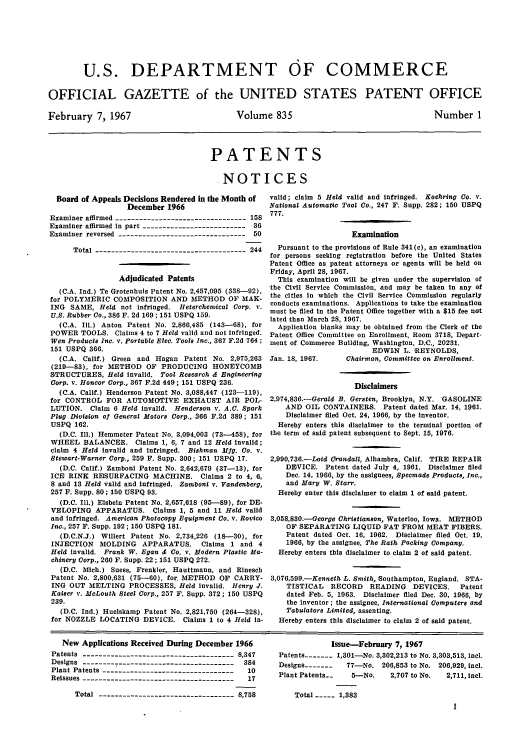 handle is hein.intprop/uspagaz0572 and id is 1 raw text is: U.S. DEPARTMENT OF COMMERCE
OFFICIAL GAZETTE of the UNITED STATES PATENT OFFICE

February 7, 1967

Volume 835

Number 1

PATENTS
NOTICES

Board of Appeals Decisions Rendered in the Month of  valid; claim 5 Held valid and infringed. Koehring Co. v.
December 1966                     National Automatic Tool Co., 247 F. Supp. 282; 150 USPQ

Examiner affirmed ---------------------------------158
Examiner affirmed in part --------------------------36
Examiner reversed --------------------------------50
Total --------------------------------------244
Adjudicated Patents
(C.A. Ind.) Te Grotenhuis Patent No. 2,457,095 (338-92),
for POLYMERIC COMPOSITION AND METHOD OF MAK-
ING SAME, Held not infringed. Heterchemical Corp. v.
U.S. Rubber Co., 386 F. 2d 169; 151 USPQ 159.
(C.A. Ill.) Anton Patent No. 2,866,485 (143-68), for
POWER TOOLS. Claims 4 to 7 Held valid and not infringed.
Wen Products Inc. v. Portable Elec. Tools Inc., 367 F.2d 764;
151 USPQ 366.
(C.A. Calif.) Green and Hagan Patent No. 2,975,263
(219-83), for METHOD OF PRODUCING HONEYCOMB
STRUCTURES, Held invalid. Tool Research & Engineering
Corp. v. Honcor Corp., 367 F.2d 449; 151 USPQ 236.
(C.A. Calif.) Henderson Patent No. 3,088,447 (123-119),
for CONTROL FOR AUTOMOTIVE EXHAUST AIR POL-
LUTION. Claim 6 Held invalid. Henderson v. AC. Spark
Plug Division of General Motors Corp., 366 F.2d 389; 151
USPQ 162.
(D.C. Ill.) Hemmeter Patent No. 3,094,003 (73--458), for
WHEEL BALANCER. Claims 1, 6, 7 and 12 Held invalid;
claim 4 Held invalid and infringed. Bishman Mfg. Co. v.
Stewart-Warner Corp., 259 F. Supp. 300; 151 USPQ 17.
(D.C. Calif.) Zamboni Patent No. 2,642,679 (37-13), for
ICE RINK RESURFACING MACHINE. Claims 2 to 4, 6,
8 and 13 Held valid and infringed. Zambonl v. Vandenberg,
257 F. Supp. 80; 150 USPQ 93.
(D.C. Ill.) Elsbein Patent No. 2,657,618 (95--89), for DE-
VELOPING APPARATUS. Claims 1, 5 and 11 Held valid
and infringed. American Photocopy Equipment Co. v. Rovico
Inc., 257 F. Supp. 192; 150 USPQ 181.
(D.C.N.J.) Willert Patent No. 2,734,226 (18-30), for
INJECTION MOLDING APPARATUS. Claims 1 and 4
Held invalid. Frank W. Egan & Co. v. Modern Plastic Ma-
chinery Corp., 260 F. Supp. 22; 151 USPQ 272.
(D.C. Mich.) Suess, Frenkler, Hauttmann, and Rinesch
Patent No. 2,800,631 (75-60), for. METHOD OF CARRY-
ING OUT MELTING PROCESSES, Held invalid. Henry J.
Kaiser v. McLouth Steel Corp., 257 F. Supp. 372; 150 USPQ
239.
(D.C. Ind.) Huelskamp Patent No. 2,821,750 (264-328),
for NOZZLE LOCATING DEVICE. Claims 1 to 4 Held in-

Examination
Pursuant to the provisions of Rule 341(c), an examination
for persons seeking registration before the United States
Patent Office as patent attorneys or agents will be held on
Friday, April 28, 1967.
This examination will be given under the supervision of
the Civil Service Commission, and may be taken in any of
the cities in which the Civil Service Commission regularly
conducts examinations. Applications to take the examination
must be filed in the Patent Office together with a $15 fee not
lated than March 28, 1967.
Application blanks may be obtained from the Clerk of the
Patent Office Committee on Enrollment, Room 3718, Depart-
ment of Commerce Building, Washington, D.C., 20231.
EDWIN L. REYNOLDS,
Jan. 18, 1967.      Chairman, Committee on Enrollment.
Disclaimers
2,974,836.-Gerald B. Gersten, Brooklyn, N.Y. GASOLINE
AND OIL CONTAINERS. Patent dated Mar. 14, 1961.
Disclaimer filed Oct. 24, 1966, by the inventor.
Hereby enters this disclaimer to the terminal portion of
the term of said patent subsequent to Sept. 15, 1976.
2,990,73.-Loid Crandall, Alhambra, Calif. TIRE REPAIR
DEVICE. Patent dated July 4, 1961. Disclaimer filed
Dec. 14, 1966, by the assignees, Specmade Products, Inc.,
and Mary W. Starr.
Hereby enter this disclaimer to claim 1 of said patent.
3,058,830.-George Christianson, Waterloo, Iowa. METHOD
OF SEPARATING LIQUID FAT FROM MEAT FIBERS.
Patent dated Oct. 16, 1962. Disclaimer filed Oct. 19,
1966, by the assignee, The Rath Packing Company.
Hereby enters this disclaimer to claim 2 of said patent.
3,076,599.-Kenneth L. Smith,,Southampton, England. STA-
TISTICAL    RECORD    READING     DEVICES.    Patent
dated Feb. 5, 1963. Disclaimer filed Dec. 30, 1966, by
the inventor ; the assignee, International Computers and
Tabulators Limited, assenting.
Hereby enters this disclaimer to claim 2 of said patent.

New Applications Received During December 1966
Patents -------------------------------------- 8,347
Designs --------------------------------------  384
Plant Patents ----------------------------------10
Reissues ---------------------------------------17
Total ---------------------------------- 8,758

Issue-February 7, 1967
Patents ----- 1,301-No. 3,302,213 to No. 3,303,513, Incl.
Designs -------  77-No. 206,853 to No. 206,929, ncl.
Plant Patents-.   5-No.    2,707 to No.  2,711, incl.
Total --- 1,383


