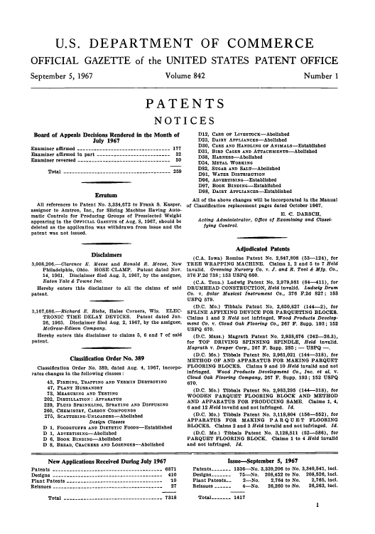 handle is hein.intprop/uspagaz0579 and id is 1 raw text is: U.S. DEPARTMENT OF COMMERCE
OFFICIAL GAZETTE of the UNITED STATES PATENT OFFICE

Volume 842

Number 1

PATENTS
NOTICES

Board of Appeals Decisions Rendered in the Month of
July 1967
Examiner affirmed --------------------------------- 177
Examiner affirmed in part -------------------------- 32
Examiner reversed --------------------------------- 50
Total -------------------------------------- 259
Erratum
All references to Patent No. 3,334,672 to Frank S. Kasper,
assignor to Amtron, Inc., for Slicing Machine Having Auto-
matic Controls for Producing Groups of Preselected Weight
appearing in the OFFICIAL GAZETTE of Aug. 8, 1967, should be
deleted as the application was withdrawn from issue and the
patent was not issued.
Disclaimers
3,008,206.-Clarence E. Meese and Ronald R. Meese, New
Philadelphia, Ohio. HOSE CLAMP. Patent dated Nov.
14, 1961. Disclaimer filed Aug. 3, 1967, by the assignee,
Eaton Yale & Towne Inc.
Hereby enters this disclaimer to all the claims of said
patent.
3,167,686.-Richard E. Riebs, Hales Corners, Wis. ELEC-
TRONIC TIME DELAY DEVICES. Patent dated Jan.
26, 1965. Disclaimer filed Aug. 2, 1967, by the assignee,
McGraw-Edison Company.
Hereby enters this disclaimer to claims 5, 6 and 7 of said
patent.
Classification Order No. 389
Classification Order No. 389, dated Aug. 4, 1967, incorpo-
rates changes in the following classes:
43, FISHING, TRAPPING AND VERMIN DESTROYING
47, PLANT HUSBANDRY
73, MEASURING AND TESTING
202, DISTILLATION: APPARATUS
239, FLUID SPRINKLING, SPRAYING AND DIFFUSING
260, CHEMISTRY, CARBON COMPOUNDS
275, SCATTERING-UNLOADERS-Abolished
Design Classes
D 1, FOODSTUFFS AND DIETETIC FOODs-Established
D 1, ADVERTISING-Abolished
D 6, BOOK BINDING-Abolished
D 8, BREAD, CRACKERS AND LOZENGES-Abolished

D12, CARE or LIvESTOCK-Abolished
D23, DAIRY APPLIANCES-Abolished
D30, CARE AND HANDLING OF ANIMALs-Established
D31, BIRD CAGES AND ATTACHMENTS-Abolished
D38, HARNESs-Abolished
D54, METAL WORKING
D82, SUGAR AND SALT-Abolished
D91, WATER DISTRIBUTION
D96, ADVERTIING-Established
D97, BOOK BINDING-Established
D98, DAIRY APPLIANCEs-Established
All of the above changes will be incorporated in the Manual
of Classification replacement pages dated October 1967.
E. C. DARSCH,
Acting Administrator, Office of ETamining and Clasai-
fying Control.
Adjudicated Patents
(C.A. Iowa) Romine Patent No. 2,847,808 (53-124), for
TREE WRAPPING MACHINE. Claims 1, 2 and 5 to 7 Held
invalid. Greening Nursery Co. v. J. and R. Tool & Mfg. Co.,
376 F.2d 738; 153 USPQ 660.
(C.A. Tenn.) Ludwig Patent No. 2,979,981 (84-411), for
DRUMHEAD CONSTRUCTION, Held invalid. Ludwig Drum
Co. v. Solar Musical Instrument Co., 376 F.2d 827; 153
USPQ 579.
(D.C. Mo.) Tibbals Patent No. 2,650,627 (144-2), for
SPLINE AFFIXING DEVICE FOR PARQUETING BLOCKS.
Claims 1 and 2 Held not infringed. Wood Products Develop-
ment Co. v. Cloud Oak Flooring Co., 267 F. Supp. 193; 152
USPQ 670.
(D.C. Mass.) Magrath Patent No. 2,938,676 (242-26.3),
for TOP DRIVING SPINNING SPINDLE, Held invalid.
Magrath v. Draper Corp., 267 F. Supp. 285; - USPQ -
(D.C. Mo.) Tibbals Patent No. 2,961,021 (144-318), for
METHOD OF AND APPARATUS FOR MAKING PARQUET
FLOORING BLOCKS. Claims 9 and 10 Held invalid and not
infringed. Wood Products Development Co., Inc. et al. V.
Cloud Oak Flooring Company, 267 F. Supp. 193; 152 USPQ
670.
(D.C. Mo.) Tibbals Patent *No. 2,983,295 (144-318), for
WOODEN PARQUET FLOORING BLOCK AND METHOD
AND APPARATUS FOR PRODUCING SAME. Claims 1, 4,
6 and 12 Held invalid and not infringed. Id.
(D.C. Mo.) Tibbals Patent No. 3,118,804 (156-552), for
APPARATUS FOR       MAKING    PAR Q U ET     FLOORING
BLOCKS. Claims 2 and 3 Held invalid and not infringed. Id.
(D.C. Mo.) Tibbals Patent No. 3,128,511 (52-586), for
PARQUET FLOORING BLOCK. Claims 1 to 4 Held invalid
and not infringed. Id.

New Applications Received During July 1967
Patents -     __--------------------------------------- 6871
Designs ---------------------------------------    410
Plant Patents ----------------------------------    10
Reissues ----       ---------------------------------  27
Total ----------------------------------- 7318

Issue-September 5, 1967
Patents----- 1336-No. 3,339,206 to No. 3,340,541, incl.
Designs -------  75-No. 208,452 to No. 208,526, Incl.
Plant Patents..   2-No.     2,764 to No.  2,765, incl.
Reissues ------   4-No.    26,260 to No.  26,263, Incl.
Total----- 1417
1

September 5, 1967


