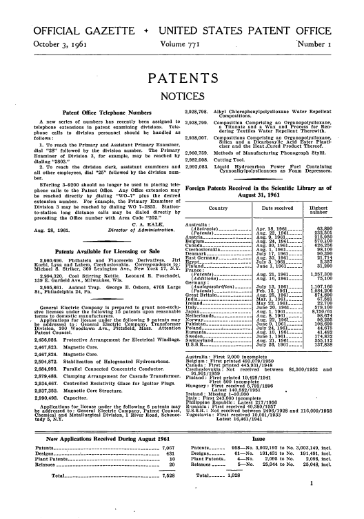 handle is hein.intprop/uspagaz0658 and id is 1 raw text is: OFFICIAL GAZETTE
October 3, i96i

+ UNITED STATES PATENT OFFICE

Volume 771

Number I

PATENTS
NOTICES

Patent Office Telephone Numbers
A new series of numbers has recently been assigned to
telephone extensions in patent examining divisions. Tele-
phone calls to division personnel should be handled as
follows:
1. To reach the Primary and Assistant Primary Examiner,
dial 28 followed by the division number. The Primary
Examiner of Division 3, for example, may be reached by
dialing 2803.
2. To reach the division clerk, assistant examiners and
all other employees, dial 25 followed by the division num-
ber.
STerling 3-9200 should no longer be used in placing tele-
phone calls to the Patent Office. Any Office extension may
be reached directly by dialing WO-7 plus the desired
extension number. For example, the Primary Examiner of
Division 3 may be reached by dialing WO 7-2803. Station-
to-station long distance calls may be dialed directly by
preceding the Office number with Area Code 202.
C. A. KALK,
Aug. 28, 1961.             Director of Administration.
Patents Available for Licensing or Sale
2,980,696. Phthalein and Fluorecein Derivatives. Jiri
Korbl, Lysa nad Labem, Czechoslovakia. Correspondence to:
Michael S. Striker, 360 Lexington Ave., New York 17, N.Y.
2,994,320. Cool Stirring Kettle. Leonard R. Poschadel,
139 E. Garfield Ave., Milwaukee, Wis.
2,995,861. Animal Trap. George E. Osborn, 4708 Large
St., Philadelphia 24, Pa.
General Electric Company is prepared to grant non-exclu-
sive licenses under the following 15 patents upon reasonable
terms to domestic manufacturers.
Applications for llceihse under the following 9 patents may
be addressed to: General Electric Company, Transformer
Division  100 Woodlawn Ave., Pittsfield, Mass. Attention
Patent ounsel.
2,456,986. Protective Arrangement for Electrical Windings.
2,467,823. Magnetic Core.
2,467,824. Magnetic Core.
2,594,872. Stabilization of Halogenated Hydrocarbons.
2,684,993. Parallel Connected Concentric Conductor.
2,879,488. Clamping Arrangement for Cascade Transformer.
2,934,667. Controlled Resistivity Glaze for Ignitor Plugs.
2,937,352. Magnetic Core Structure.
2,990,498. Capacitor.
Applications for license under the following 6 patents may
be addressed to: General Electric Company, Patent Counsel
Chemical and Metallurgical Division, 1 River Road, Schenec-
tady 5, N.Y.

2,928,798. Alkyl Chlorophenylpolysiloxane Water Repellent
Compositions.
2,928,799. Composition Comprising an Organopolysiloxane,
a Titanate and a W\ax and Process for Ren-
dering Textiles Water Repellent Therewith.
2,938,007. Compositions Comprising an Organopolysiloxane,
Silica and a Dicarboxylic Acid Ester Plasti-
cizer and the Heat .Cured Product Thereof.
2,960,759. Methods of Manufacturing Phonograph Stylil.
2,982,008. Cutting Tool.
2,992,083. Liqald Hydrocarbon Power Fuel Containing
Cyanoalkylpolysiloxanes as Foam Depressors.
Foreign Patents Received in the Scientific Library as of
August 31, 1961
Country            Date received   Highest
number
Australia:
Abstracts) ------------Apr. 18 1961.       63,890
Patents) --------------Aug. 22, 1961...   232,501
Austria ------------------ Aug. 9, 1961 ---  215,950
Belgium -----------------Aug. 24, 1961_____  570,100
Canada -------------     Aug. 30, 1961 -----  626,256
Czechoslovakia ----------- Aug. 1, 1961 ------  98,100
Denmark ----------------- July 17, 1961___   90,390
East Germany -------------Aug. 30, 1961 -----  21,714
Egypt -------------------July 3, 1961 ------   2,357
Finland ------------------June 1, 1961 ------  31,290
France:
Patents) --------------Aug. 21, 1961 -----  1,257,300
Additions) ------------ Aug. 16, 1961 -----  75,100
Germany:
(Auslegeschriften) ---- July 13, 1961_____. 1,107,160
(Patents) -------------- Feb. 15, 1961 ----  1,084,206
Great Britain ------------- Aug. 25, 1961 -----  874,890
India -------------------- Mar. 1, 1961 ------  67,581
Ireland ------------------May 22, 1961 .....  22,700
Italy --------------------June 20, 1961----  579,100
Japan -------------------Aug. 1, 1961 ------  8,750/61
Netherlands -------------- Aug. 8, 1961 ------  98,674
Norway ------------------Aug. 22, 1961_...  198,295
Pakistan -----------------June 9, 1961 ------  108,699
Poland                 - July 24, 1961 .....  44,675
Rumania ----------------- Aug. 10, 1961 -----  41,482
Sweden ------------------ June 1, 1961 ------  174,832
Switzerland -------------- Aug. 21. 1961 -----  355,112
U.S.S.R ------------------ July 26, 1961 -----  137,838
Australia: First 2,000 incomplete
Belgium : First printed 493,079/1950
Canada: First printed 445,931/1948
Czechoslovakia : Not received between 81,300/1952 and
91,901/1959
Finland : First printed 19,428/1941
First 500 incomplete
Hungary: First received 5,792/1896
Latest 140 582/1951
Ireland: Missing 1-16,000
Italy : First 243,000 incomplete
Philippine Republic: Latest 217/1956
Rimania : First received 40,380/1957
U.S.S.R.: Not received between 2496/1928 and 116,000/1958
Yugoslavia: First received 10,001/1933
Latest 16,461/1941

New Applications Received During August 1961                           Issue

Patents -------------------------------------- 7,067
Designs --------------------------------------- 431
Plant Patents ----------------------------------  10
Reissues --------------------------------------  20
Total ----------------------------------7,528

Patents ----  958-No. 3,002,192 to No. 3,003,149, cinl.
Designs -------  61-No. 191,431 to No. 191,491, incl.
Plant Patents  4-No.     2,095 to No.  2,098, Incl.
Reissues        5-No.    25,044 to No.  25,048, incl.
Total ---- 1,028



