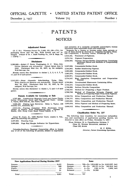 handle is hein.intprop/uspagaz0763 and id is 1 raw text is: OFFICIAL GAZETTE
December 3, 1957

+ UNITED STATES PATENT OFFICE

Volume 7'25

Number i

PATENTS
NOTICES

Adjudicated Patent
(D. C. Ill.) Wiseman Patent No. 2,466, 191 (99-174), for
packaging bacon and the like, Held invalid and not in-
fringed. Armour & Co. v. Rath Packing Co., 154 F. Supp. 54,
- USPQ -.
Disclaimers
2,285,809.-Robert F. Davis, Washington, D. C. WELL SUR-
VEYING METHOD AND APPARATUS. Patent dated June 9,
1942. Disclaimer filed Oct. 29, 1957, by the assignee,
Welt Surveys, Inc.
Hereby enters this disclaimer to claims 1, 2, 3, 4, 5, 7, 8,
17, and 18 of said patent.
2,315.355.--Serge Alexander Sc8hrbatskoy, Tulsa, Okla.
WELL SURVEYING METHOD AND APPARATUS. Patent dated
Mar. 30, 1943. Disclaimer filed Oct. 29, 1957, by the
assignee, Well Surveys, Inc.
Hereby enters this disclaimer to claims 1, 3, and 4 of said
patent.
Patents Available for Licensing or Sale
2,797,486. Combination Magnetic Level and Center Finder
Device (Protractor, Level. and Pipe Layout Tool). George
A. Vaara, 2816 19th St., San Pablo, Calif. 
2,809,460. Fishing Lure Retriever. Belty L. Taylor, 108
Grande Ave., Somerset, Ky.
2,812,121. Pouring Container With   Protective Cover
(Paper or Plastic, With Disappearing Lip). Thomas M.
Sheets, 1031 Stony Point Road, Grand Island, N. Y.
Lloyd W. Gunn, Jr., 1306 Harriet Court, Austin 5, Tex.,
offers the following two patents:
2,507,005. Drawing Pens.
2,690,830. Page End Margin Indicator for Typewriters.
Columbia-Southern Chemical Corporation offers to license
any or all of the following 19 patents, subject to negotiation

and execution of a mutually acceptable nonexclusive license
agreement upon reasonable terms and conditions.
Requests for a license or licenses under these patents or
any of them should be directed to: Columbia-Southern Chem-
ical Corporation, 1 Gateway Center, Pittsburgh 22, Pa.

2,345,191.
2,374,741.
2,532,665.
2,537,908.
2,564,992.
2,692,869.
2,692,870.
2,692,871.
2,754,547.
2,760,894.
2,764,572.
2,768,899.
2,786,757.
2,786,758.
2,786,776.
2,786,777.
2,805,955.
2,805,956.

Treatment of Pigments.
Pigment Preparation.
Calcium Silicate-Rubber Compositions Containing
Carbonate Esters and Methods of Compounding
Thereof.
Compounded Rubber Stock.
Rubber Reinforcing Pigment.
Compounded Rubber Stock.
Compounded Rubber Stock.
Compounded Rubber Stock.
Heat Insulation Composition and Preparation
Thereof.
Unvulcanized Elastomers Containing Silica.
Compounded Rubber Stock.
Sodium Chloride Composition.
Method for Preparing a Paper Product.
Method  of Preparing Siliceous Pigment and
Method of Preparing Paper From Such Pigment.
Silica Composition and Production Thereof.
Silica Composition and Production Thereof.
Silica Composition and Production Thereof.
Silica Pigment and Method of Preparing Same.

2,806,012. Silica Composition and Production Thereof.
Classification Order No. 237
The following class transfers, for concurrent reclassifica-
tion and examination of applications pending therein, are
directed to take effect on Friday, November 8, 1957:
From Division 33 to Classification Division V
Class 20, WOODEN BUILDINGS, subclass 5
Class 108, RoOrs
M. C. ROSA,
Director, Patent Examining Operation.

New Applications Received During October 1957
Patents -------------------------------------- 6,415
Designs --------------------------------------- 368
Plants ----------------------------------------  14
Reissues ---------------------------------------24
Total ------------------------------------ 6,821

Issue
Patents -------- 706-No. 2,814,802 to No. 2,815,507, incl.
Designs --------  46-No. 181,571 to No. 181,616, icl.
Plants ---------  4-No.     1,661 to No.  1,664, incl.
Reissues -------  1-No.    24,398
Total -------- 757


