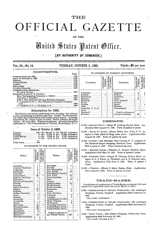 handle is hein.intprop/uspagaz1016 and id is 1 raw text is: THE
OFFICIAL GAZETTE
OF THE
[BY AUTHORITY OF CONGRESS.]
VOL. 22-No. 14.     TUESDAY, OCTOBER 3, 1882.  PRIoE-$5 per year

CONTENTS.
Page.
SUBSCRIPTIONS FOR 1882 ...................................... 1135
ISSUE OF OCTOBER 3, 1882  ...............................  1135
DESIGNS ................       ......................... 1135
TRADE-MARKS .........       ............................1135
LABELS ....................................... ..............  1136
DISCLAIMER  ............................. .................. 1136
PATENTS GRANTED ........................................... 1137
COMMISSIONER'S DECISIONS-
Ex part Norton      ................................1205
DECISIONS OF THE U. S. COURTS-
Bate Refrigerating Company v. Gillett .................. 1205
Plimpton V. Winslow ................................ 1207
Fish v. The Domestic Sewing Machine Company ...... 1207
P. Lorillard & Co. v. The Drummond Tobacco Company
et at ...........       ............................. 1208
P. Lorillard & Co. v. McAlpin et al ...................... 1208
Subscriptions for 1882.
The OFFICIAL GAZETTE is published every Tuesday, twovolumes
a year, commencing in January and July. Terms: To all subscrib-
ers within the United States and Canada, $5 per annum; to foreign
subscribers, $7; single copies, 10 cents; bound volumes, $3.50per
volume. No club rates. Payment in advance. All orders should be
addressed to The Commissioner of Patents, Washington, D.C.
Issue of October 3, 1882.
Patents.............. 321-1o. 265,231 to No. 265,551, inclusive.
Designs ................ 6-No. 13,324 to No. 13,329, inclusive.
Trade-Marks .......... 6-No. 9,702 to No.      9,707, inclusive.
Labels ................. 5-No.   2,770 to No. 2,775, inclusive.
Total issue .......... 338
TO CITIZENS OF THE UNITED STATES.

States.

Alabama .............
Arizona Territory ..
Arkansas ..........
California.........
Colorado ...........
Connectiout .------
Dakota Territory...
Delaware.
Districtof Columbia.
Florida..........
Georgia............
Idaho Teritory .....
Illinois .............
Indiana ...........
Indian Territory ....
Iow a -------- . ...
Kansas .........
Kentucky ........
Louisiana....
Maine ...........
Maryland ...........
Massachusetts ...
Michigan ........
Minnesota ..........
Mississippi .....
Missouri .........
Montana Territory..

States.

Nebraska ...........
Nevada .............
New -Hampshire ....
,New Jersey .........
New Mexico Territ'y
New York ..........
North Carolina.
Ohio ...............
Oregon ............
Pennsylvania ......
Rhode Island ......
South Carolina ......
Tennessee .-------
Texas ............
Utah Territory ....
Vermont ........
Virginia .........
Washington Tcrrit'y
West V rginla ......
Wisconsin ...
Wyoming Territory.
United States Army.
United States Navy.
Total to citizens of
the United States...

TO CITIZENS OF FOREIGN COUNTRIES.

Countries.

Australia ...........
Austria .............
Barbadoes ..........
Belgium .... .......
Bedrnuda ............
Brazil ...............
Canada  ..............
Chili ................
Colombia, U. S. of...
Cuba ................
Denmark ----     ..
Ecuador .........

Countries.       2
..........  England ...........     8     5
1 .... France ............. 4           1
......Germany ..........1
Italy ..............     ..
.New Zealand ......         .. .....
........    Russia    .......................
.Spain            ............   .....    1
.......... Sweden ...................
.Switzerland .........            1 .....
Total to citizens of
.foreign countries...              30      7

DESIGNS.
13,324.-ItEATING-STOVE.-Edgar IF. Anthony, Boston, Mass. Ap.
plication filed August 16, 1882. Term of patent 14 years.
13,325.-MADE-UP SCARF.-Henry Heath, Noew York, N. Y., as-
signor to isk, Clark & Flagg, same place. Application filed
August 28, 1882. Term of patent 3j years.
13,326.-CARPET.-Otto Heinigke, N ew Utrecht, N. Y., assignor to
The Harford Carpet Company, Hartford, Conn. Application
filed Angust I1, 18f2. Term of patent 3j years.
13,327.-KNrrrD GOODS.-Theodore P. Dresser, Medford, Mass.
Application filed May 18, 1882. Term of patent 7 years. -
13,328.--:PRINTING-TYPE.-oseph IV. Phinney, Boston, Mass., as.
signor to G. 3. Pierce, A. Phemister, and A. C. Converse, same
place. Application filed June 5, 1882.  Term f patent 7
years.
13,329.- VEHICLE. - Henry C. Sears, Boston, Mass. Application
filed August 9,1882.' Term of patent 14 years.
[Certificates of registration of Trade-Marks numbered 8,191 and
upward are registered under the act of March 3, 1881.1
9,702.-PRESERVATIVES OF ORGANIC SUBSTANCES.-The Antitropic
Company, London, England. Application filed September 6,
1882.
The word 'ANTITkOPIC.'
Q,703.-PESERVATVES OF ORGANIC SuBsTANcE.-The Antitropic
Company, London, England. Application filed September 6,
1882.
The word 'GLACIALINE.'
9,704. -EDGE- ToOLs. -The Collins Company, Collinsville, Conn.
Application filed February 23, 1882.
The words 'COLLINS & CO.'


