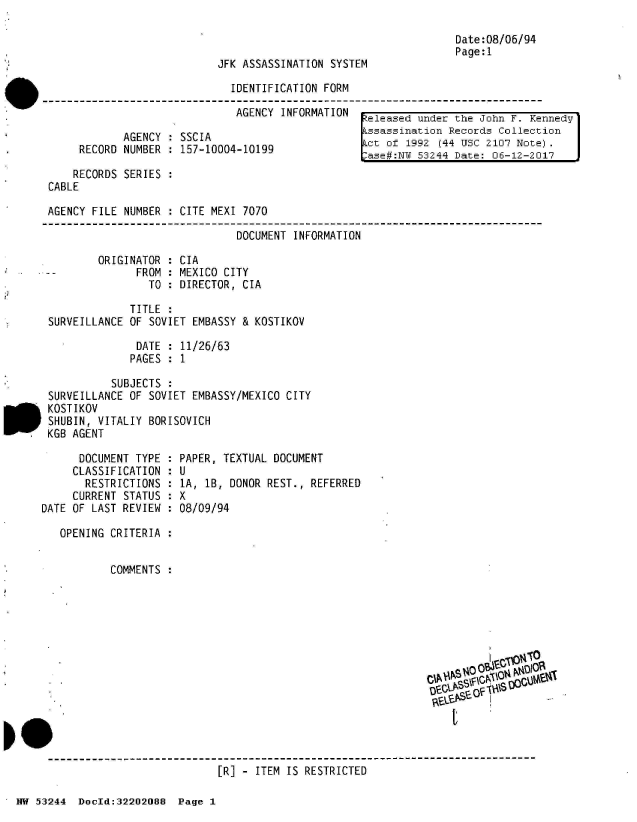 handle is hein.jfk/jfkarch02513 and id is 1 raw text is: 

                                                                  Date:08/06/94
                                                                  Page:1
                            JFK ASSASSINATION SYSTEM

                              IDENTIFICATION FORM

                              AGENCY  INFORMATION   eleased under the John F. Kennedy

             AGENCY :SSCIA                          ssassination Records Collection
                                                    ict of 1992 ('44 USC 2107 Note).
      RECORD NUMBER : 157-10004-10199              L:       5244  Dae    0-12-201
                                                   lase#:NY 53244 Date: 06-12-2017
     RECORDS SERIES :
 CABLE

 AGENCY FILE NUMBER : CITE MEXI 7070

                               DOCUMENT INFORMATION

         ORIGINATOR : CIA
 --            FROM : MEXICO CITY
                 TO : DIRECTOR, CIA

              TITLE :
 SURVEILLANCE OF SOVIET EMBASSY & KOSTIKOV

               DATE : 11/26/63
               PAGES : 1

           SUBJECTS :
 SURVEILLANCE OF SOVIET EMBASSY/MEXICO CITY
 KOSTIKOV
 SHUBIN, VITALIY BORISOVICH
 KGB AGENT

      DOCUMENT TYPE : PAPER, TEXTUAL DOCUMENT
      CLASSIFICATION : U
      RESTRICTIONS  : 1A, 1B, DONOR REST., REFERRED
      CURRENT STATUS : X
DATE OF LAST REVIEW : 08/09/94

   OPENING CRITERIA :


           COMMENTS :















                            [R] - ITEM IS RESTRICTED


NW 53244  DocId:32202088  Page 1


