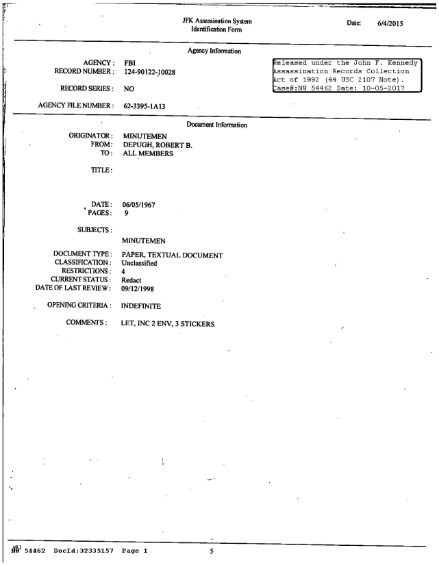 handle is hein.jfk/jfkarch05359 and id is 1 raw text is: 
JFK Assassination System
  Identification Form


Date:   6/4/2015


                                      Agency Information
           AGENCY: FBI                                      released under  the John  F. Kennedy
    RECORDNUMBER: 124-90122-10028                           Fssassination  Records Collection
                                                             ct of 1992  (44 USC 2107  Note).
      RECORD SERIES:  NO                                    lase#:NW 54462  Date:  10-05-2017

AGENCY FILE NUMBER:   62-3395-lA13

                                      Document Information


ORIGINATOR:
      FROM:
        TO:


MINUTEMEN
DEPUGH, ROBERT  B.
ALL MEMBERS


TITLE:


   DATE:
   PAGES:

SUBJECTS:


06/05/1967
9


MINUTEMEN


     DOCUMENT TYPE:
     CLASSIFICATION:
       RESTRICTIONS:
    CURRENT STATUS:
DATE OF LAST REVIEW:

   OPENING CRITERIA:


COMMENTS:


PAPER, TEXTUAL  DOCUMENT
Unclassified
4
Redact
09/12/1998

INDEFINITE

LET, INC 2 ENV, 3 STICKERS


I  54462   DocId:32335157   Page  1


5


