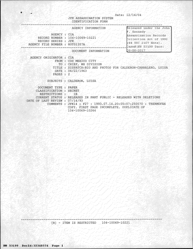 handle is hein.jfk/jfkarch06069 and id is 1 raw text is: 



                         Date   12/16/04
JFK ASSASSINATION SYSTEM
  IDENTIFICATION FORM

  AGENCY INFORMATION             e


     RECORD
     RECORD
AGENCY FILE


AGENCY  : CIA
NUMBER  : 104-10069-10221
SERIES : JFK
NUMBER  : 80T01357A


DOCUMENT INFORMATION


AGENCY ORIGINATOR
              FROM
              TO
            TITLE
            DATE
            PAGES


CIA
COS MEXICO CITY
CHIEF, WH DIVISION
DISPATCH:BIO AND PHOTOS  FOR CALDERON-CARRALERO, LUISA
06/22/1963
2


SUBJECTS   CALDERON, LUISA


      DOCUMENT TYPE
      CLASSIFICATION
      RESTRICTIONS
      CURRENT STATUS
DATE OF LAST REVIEW
           COMMENTS


PAPER
SECRET
   lB
RELEASED IN PART PUBLIC - RELEASED       DELETIONS
07/14/93
JFKl4 : F27 : 1993.07.14.20:0:07:25050      THERMOFAX
COPY. FIRST PAGE INCOMPLETE.  DUPLICATE OF
104-10069-10264


[RI - ITEM IS RESTRICTED   104-10069-10221


IW 53199  DocId:32348574  Page  1


