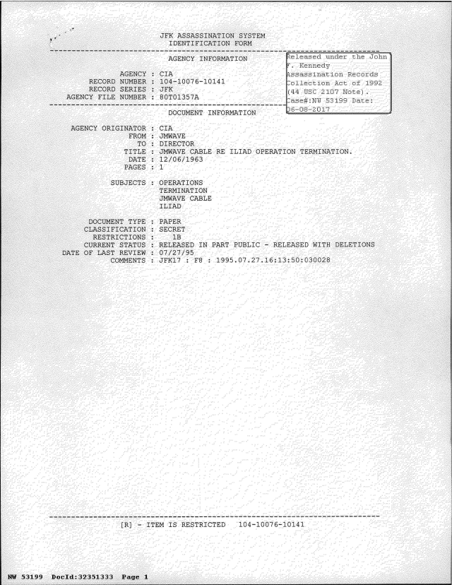 handle is hein.jfk/jfkarch06169 and id is 1 raw text is: 



                      JFK ASSASSINATION SYSTEM
                        IDENTIFICATION FORM

                        AGENCY INFORMATION

            AGENCY    CIA
     RECORD NUMBER    104-10076-10141
     RECORD SERIES  :JFK
AGENCY FILE NUMBER    80T01357A

                        DOCUMENT INFORMATION


  AGENCY ORIGINATOR
               FROM:
                 TO
              TITLE
              DATE
              PAGES

           SUBJECTS





      DOCUMENT TYPE
      CLASSIFICATION
      RESTRICTIONS
      CURRENT STATUS :
DATE OF LAST REVIEW
           COMMENTS


CIA
JMWAVE
DIRECTOR
JMWAVE CABLE RE ILIAD OPERATION  TERMINATION.
12/06/1963
1

OPERATIONS
TERMINAT ION
JMWAVE CABLE
ILIAD

PAPER
SECRET
   lB
RELEASED IN PART PUBLIC - RELEASED WITH  DELETIONS
07/27/95
JFK17   F8   1995.07.27.6:13:50:030028


[R] - ITEM IS RESTRICTED   104-10076-10141


14W 53199 Doulcd:32351333 Page  1


