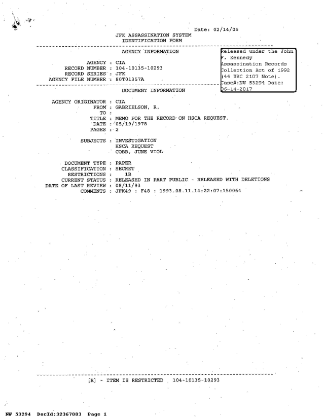 handle is hein.jfk/jfkarch06540 and id is 1 raw text is: 
AGENCY ORIGINATOR
             FROM
               TO
            TITLE
            DATE
            PAGES


           SUBJECTS



      DOCUMENT TYPE
      CLASSIFICATION
      RESTRICTIONS
      CURRENT STATUS
DATE OF LAST REVIEW
           COMMENTS


CIA
GABRIELSON, R.


: MEMO FOR THE RECORD ON HSCA REQUEST.
:'05/19/1978
: 2


INVESTIGATION
HSCA REQUEST
COBB, JUNE VIOL

PAPER
SECRET
   1B
RELEASED IN PART PUBLIC - RELEASED WITH DELETIONS
08/11/93
JFK49 : F48 : 1993.08.11.14:22:07:150064


[R] - ITEM IS RESTRICTED   104-10135-10293


NW 53294  Docld:32367083  Page 1


                                                  Date: 02/14/05
                         JFK ASSASSINATION SYSTEM
                           IDENTIFICATION FORM

                           AGENCY INFORMATION              teleased under th
                                                            . Kennedy
                AGENCY  : CIA                              kssassination Rec
         RECORD NUMBER  : 104-10135-10293                  Collection Act of
         RECORD SERIES : JFK
                     RECOD SRIES JFK(44 USC 2107 Note
    AGENCY FILE NUMBER : 80T01357A
----------------------------------------------------------------ase#:N 53294 Da
                           DOCUMENT INFORMATION             6-14-2017


e John

ords
1992

te:


