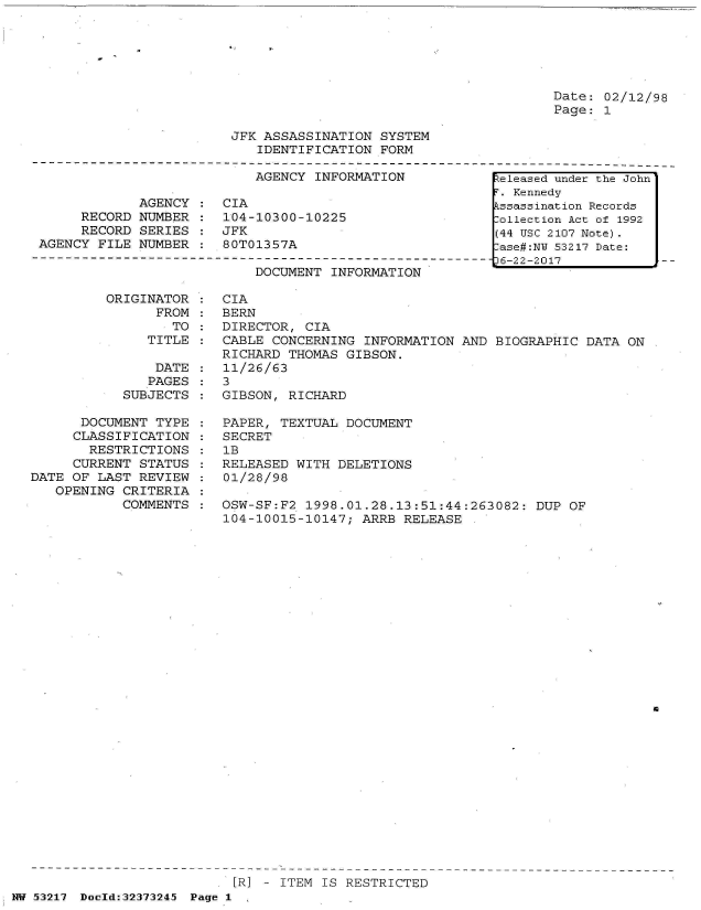 handle is hein.jfk/jfkarch06612 and id is 1 raw text is: 






Date: 02/12/98
Page: 1


JFK ASSASSINATION  SYSTEM
   IDENTIFICATION  FORM


                           AGENCY  INFORMATION

             AGENCY :  CIA
     RECORD  NUMBER :  104-10300-10225
     RECORD  SERIES :  JFK
AGENCY  FILE NUMBER :  80T01357A


DOCUMENT  INFORMATION


ORIGINATOR
      FROM
        TO
     TITLE


                DATE
                PAGES
            SUBJECTS

      DOCUMENT  TYPE
      CLASSIFICATION
      RESTRICTIONS
      CURRENT STATUS
DATE OF LAST  REVIEW
   OPENING  CRITERIA
            COMMENTS


CIA
BERN
DIRECTOR,  CIA
CABLE CONCERNING  INFORMATION AND  BIOGRAPHIC DATA ON
RICHARD THOMAS  GIBSON.
11/26/63
3
GIBSON, RICHARD

PAPER, TEXTUAL  DOCUMENT
SECRET
lB
RELEASED WITH  DELETIONS
01/28/98

OSW-SF:F2  1998.01.28.13:51:44:263082:  DUP OF
104-10015-10147;  ARRB RELEASE  .


ja


[R] - ITEM IS RESTRICTED


NW 53217 Doeld:32373245 Page 1


Zeleased under the John
. Kennedy
.ssassination Records
:ollection Act of 1992
(44 USC 2107 Note).
:ase#:NY 53217 Date:
)6-22-2017


