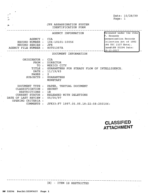 handle is hein.jfk/jfkarch06913 and id is 1 raw text is: 




Date: 10/28/99
Page: 1


JFK ASSASSINATION SYSTEM
   IDENTIFICATION FORM


                         AGENCY  INFORMATION

            AGENCY  :  CIA
     RECORD NUMBER  :  104-10101-10056
     RECORD SERIES  :  JFK
AGENCY FILE NUMBER  :  80T01357A


DOCUMENT INFORMATION


ORIGINATOR
      FROM
        TO
     TITLE
     DATE
     PAGES
  SUBJECTS


      DOCUMENT TYPE
      CLASSIFICATION
      RESTRICTIONS
      CURRENT STATUS
DATE OF LAST REVIEW
   OPENING CRITERIA
           COMMENTS


CIA
DIRECTOR
MEXICO CITY
GUARANTEES FOR STEADY  FLOW OF INTELLIGENCE.
11/19/63
2
GUARANTEES
MONETARY

PAPER, TEXTUAL DOCUMENT
SECRET
1B
RELEASED WITH DELETIONS
05/05/97

JFK33:F7 1997.05.05.18:22:58:250106:


CLASSIFIED
ATTACHMENT


[R] - ITEM IS RESTRICTED


NW 53294 Doeld:32397637 Page 1


eleased under the John
F. Kennedy
Assassination Records
Collection Act of 1992
(44 USC 2107 Note).
Case#:NY 53294 Date:
36-13-2017


