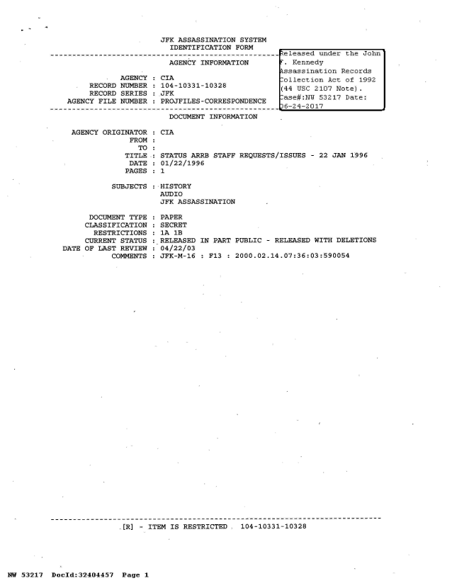 handle is hein.jfk/jfkarch07125 and id is 1 raw text is: 




                     JFK ASSASSINATION SYSTEM
                       IDENTIFICATION FORM

                       AGENCY INFORMATION

            AGENCY  : CIA
     RECORD NUMBER  : 104-10331-10328
     RECORD SERIES  : JFK
AGENCY FILE NUMBER  : PROJFILES-CORRESPONDENCE

                       DOCUMENT INFORMATION


Released under the John
F. Kennedy
kssassination Records
ollection  Act of 1992
(44 USC 2107 Note).
-ase#:NW 53217 Date:
6-24-2017


AGENCY ORIGINATOR
             FROM
               TO
            TITLE
            DATE
            PAGES


  CIA


  STATUS ARRB STAFF REQUESTS/ISSUES - 22 JAN 1996
  01/22/1996
: 1


SUBJECTS : HISTORY
           AUDIO
           JFK ASSASSINATION


      DOCUMENT TYPE
      CLASSIFICATION
      RESTRICTIONS
      CURRENT STATUS
DATE OF LAST REVIEW
           COMMENTS


PAPER
SECRET
1A 1B
RELEASED IN PART PUBLIC - RELEASED WITH DELETIONS
04/22/03
JFK-M-16 : F13 : 2000.02.14.07:36:03:590054


.[R] - ITEM IS RESTRICTED . 104-10331-10328


NW 53217  Doold:32404457  Page 1


