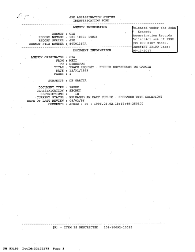 handle is hein.jfk/jfkarch07163 and id is 1 raw text is: 




9-,


AGENCY ORIGINATOR
             FROM
               TO
            TITLE
            DATE
            PAGES


CIA
MEXI
DIRECTOR
TRACE REQUEST - NELLIE BETANCOURT DE GARCIA
12/31/1963
1


SUBJECTS : DE GARCIA


      DOCUMENT TYPE
      CLASSIFICATION
      RESTRICTIONS
      CURRENT STATUS
DATE OF LAST REVIEW
           COMMENTS


PAPER
SECRET
   lB
RELEASED IN PART PUBLIC - RELEASED WITH DELETIONS
08/02/96
JFK32 : F8 : 1996.08.02.18:49:48:250100


[R] - ITEM IS RESTRICTED   104-10092-10035


NW 53199  Doold:32422175  Page 1


f'. ;_


                         JFK ASSASSINATION SYSTEM
                           IDENTIFICATION FORM
-------------------------------------------------------------------------------------
                           AGENCY INFORMATION              Zeleased under the John

                AGENCY:  CIA                                 Kennedy
         RECORD NUMBER   104-10092-10035                   kssassination Records
         RECORD SERIES  : JFK        .ollection Act of 1992
    AGENCY FILE NUMBER : 80T01357A                         (44 USC 2107 Note).
--------------------------------------------------------------ase#:N 53199 Date:
                           DOCUMENT INFORMATION            36-12-2017


