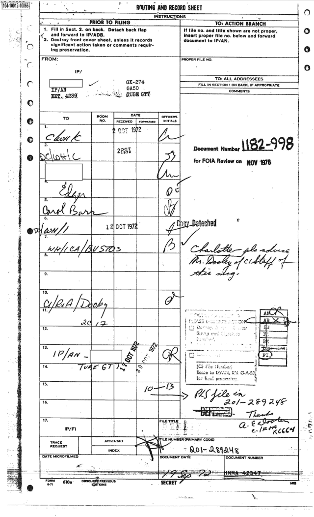 handle is hein.jfk/jfkarch07564 and id is 1 raw text is: 1041001210066
       L








         C


       IC.









       ,0


                                           INSTRUcTIONS
...._PRIOR TO FILING                                              TO: ACTION  BRANCH
1. Fill in Sect. 2. on back. Detach back flap  If file no. and title  shown  are not proper,
   and forward to IP/ADB.                             Insert proper file no. below and forward
2. Destroy front cover sheet, unless it records  document to IP/AN.
   significant action taken or comments requir-
   ing preservation.


IP/


IP/AII
EXL  4239.


-    I,


GI-274
GA50
LTUBE GTZ


                     ROOM         DATE        OFFICERS
        ToNo                RECEIVED FORWARDED INITIALS

        197


 2.
                             oCT
        (~                   21971











 6.

                        12OCT   1972
 7.






 9.









12.


13.                          -





15.



16.


PROPER FILE NO.


TO: ALL ADDRESSEES


FILL IN SECTION I ON BACK. IF APPROPRIATE
            COMMENTS


-  Document  Number  iICA&         9

   for FOIA Review on  11Y  197











 tS  lached


                           0=4
         )    (,.     . .1






      Rc-~ - ; ;

fcfr. '


->~                           70~eeL


17.                                          FILETrTLE
         IP/FI                                                                     JAI

   TRACE                ABSTRACT              ILENUMBIEFPif4AFY CODE)
   REQUEST
                         INDEX                             0
DATE MICROFILMED                             DOCUMENT DATE            DOCUMENT NUMBER


6-71  610    ---   tOsVN u


e0


0


a


0


.


RIlUTING AND RECORD SHEET


FROM:


I


SECRET #


