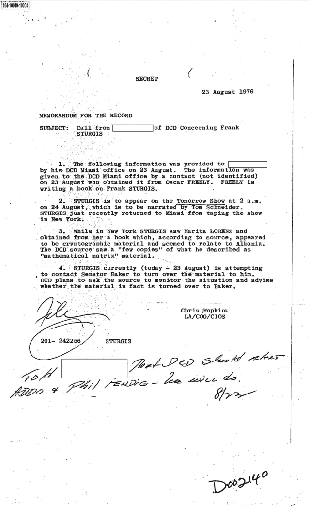 handle is hein.jfk/jfkarch07739 and id is 1 raw text is: S1O4~iOO49~1OOO4


SECRET


23 August 1976


MEMORANDUM FOR THE RECORD


SUBJECT:  Call from
          STURGIS


I        =of  DCD Concerning Frank


     1.  The following information was provided to
by his DCD Miami office on 23 August.  The information was
given to the DCD Miami office by a contact (not identified)
on 23 August who obtained it from Oscar FREELY.  FREELY is
writing a book on Frank STURGIS.

     2.  STURGIS is to appear on the Tomorrow Show at 2 a.m.
on 24 .August, which is to be narrated by Tom Schneider.
STURGIS just recently returned to Miami ffom taping the show
in New York.

     3.  While in New York STURGIS saw Marita LORENZ and
obtained from her a book which, according to source, appeared
to be cryptographic material and seemed to relate to Albania.
The DCD.source saw a few copies of what he described as
mathematical matrix material.

     4.  STURGIS currently (today - 23 August) is .attempting
to contact Senator Baker to turn over tlieinaterial to him.
DCD plans to ask the source to monitor the situation and advise
whether-the material in fact is turned over to Baker.


Chris ;Hopkins
LA/COG/CIOS


201- 242256       STURGIS


9o


-  A~           ~
                  a,  -


(


(


           It
jW01


