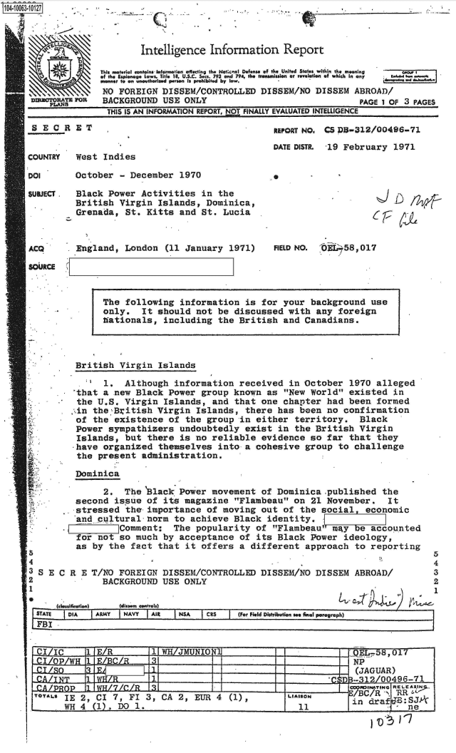 handle is hein.jfk/jfkarch08103 and id is 1 raw text is: 








     D3TRATE Von
aPLANS


Intelligence Information   Report


This material contains Information effecting the Nat;ceal Defense of the United States within the meaning
of the Espionage Laws. Title 18, U.S.C. Seca. 793 and 794, the transmission or revelation of which in any      I.
manner to an unutherlaed person is prohibited by low.
NO  FOREIGN DISSEM/CONTROLLED  DISSEM/NO DISSEM  ABROAD/
BACKGROUND  USE ONLY                              PAGE 1 0


F.d.d 3... P e


F 3 PAGES


THIS IS AN INFORMATION REPORT, NOT FINALLY EVALUATED INTELLIGENCE


SECRET


COUNTRY

DOI


REPORT No. CS DB-312/OO496-71

DATE DISTR. -19 February 1971


West Indies


October  - December 1970


SUBJECT. Black Power  Activities in the
         British Virgin  Islands, Dominica,
         Grenada,  St. Kitts and St. Lucia


England, London  (11 January 1971)


FIELD NO. bEI 58,017


British Virgin  Islands


4
3 SE
2
1
e


    . '  1.  Although information  received in October  1970 alleged
    'that a new Black Power group known as New World  existed in
    the U.S. Virgin Islands, and  that one chapter had  been formed
  .in the British  Virgin Islands,  there has been no  confirmation
  of  the  existence of the group  in either territory.   Black
  Power  sympathizers  undoubtedly  exist in the British  Virgin
  Islands,   but there is no reliable  evidence so far  that they
  have  organized  themselves into  a cohesive group  to challenge
  the  present  administration.

  Dominica

        2.   The Black Power movement  of Dominica.published  the
   second  issue of its magazine  Flambeau on 21 November.   It
   .stressed the-importance of moving  out of the social,  economic
   and cultural-norm  to achieve  Black identity.
            Comment:  The popularity  of Flambeau may  be accounted
   for not  so much by acceptance  of its Black Power  ideology,
   as by  the fact that it offers  a different approach  to reporting


C R E T/NO  FOREIGN DISSEM/CONTROLLED  DISSEM/NO DISSEM  ABROAD/
        BACKGROUND  USE ONLY


(dessiafiation)


L~44~) ritA


(dissem tentrols)


STATE DIA   ARMY NAVY AIR   NSA  CRS   (For Field Distribution ee final paragraph)
FBI


'I/IC      1 E/R       11 WH MUNION1                             ,b8,oll  
0I/OP/WH  l E   /R     31                                    NP
                      14                                   -  (JAGUAR)
SAZINT-   1 W171                                             --312/00496- 1
  C.A/PROHL7/C        .3                                     can___ _EEAS__
TerAL, IE 2, CI 7, FI 3, CA 2, EUR 4 (1),        LIAISON     in d  R t
                    WH4~ 1¾I)1     n edra f JB :S J)-
      WH11                                                              ne
                   (classiic)tio0


CL


ACO

SOURCE


The following  information is for  your background use
only.  It  should not be discussed  with any foreign
tiationals, including the British  and Canadians.


:*


