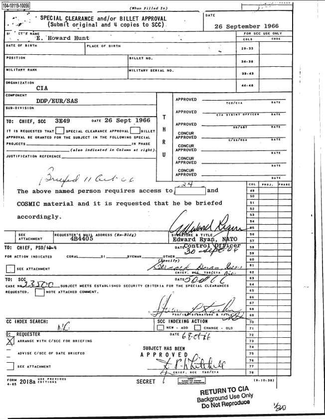handle is hein.jfk/jfkarch10731 and id is 1 raw text is: 14-10119-10056


(When Filled In)


            SPECIAL  CLEARANCE  and/or  BILLET  APPROVAL
               (Submit original   and 4  copies to  SCC).

S-  CT- NAME
          'E. 'Howard   Hunt


DAT


E


26   September 1966


FOR SCC USE ONLY
COLS      CODE


   E OF                      PLACE OF BIRTH                                          29-33


 POSITION                                    BILLET NO.
                                                                                     34.38

 MILITARY RANK                              MILITARY SERIAL NO.
                                                                                     39-43

 ORGANIZATION
                                                                                     44-48
           CIA
COMPONENT
           DDP/EUR/SAS                                       APPROVED           colo g         DATE
SUB-DIVISION
                                                             APPROVED  _________________

 TO: CHIEF, SCC   3E49         DATE 26  Sept   1966     T                   CIA sicINT OFFICER DATE
                                                             APPROVED  _________________
 IT IS REQUESTED THAT SPECIAL CLEARANCE APPROVAL BILLET       CONCUR              DD/SAT       DATE
 APPROVAL BE GRANTED FOR THE SUBJECT IN THE FOLLOWING SPECIAL APPROVED          C7ss/oSA       DATE
 PROJECTS                                    IN PHASE   R     CONCUR
                        (also indicated in Column at right). APPROVED
                                                                                               DATE
 JUSTIFICATION REFERENCE                                      CONCUR
                                                             APPROVED
                                                                                               DATE
                                                              CONCUR
                                                              APPROVED
                                                                                               DATE
                                                                                       COL  PROJ. PHASE

     The  above   named   person requires access to                     and             49
                                                                                        50

    COSMIC material and it is requested that he be briefed                              51
                                                                                        52

     accordingly.                                                                       53
                                                                               1)       54
                                                                                       z/5
     SEE          REQUESTER'S MAIL ADDRESS (Re-Bidg)        SI    RE & TITLE            56
     ATTACHMENT         4B4405                              Edward    Rya  ,  N TO      57

TO:  CHIEF, PSD/14..4%                                       DAT    trO o 1 e 58

FOR ACTION INDICATED  CORAL       SI        RYEMAN                                      5OTHER
                                                       C6ecify)                         60

    SEE ATTACHMENT                                     't 2-
                                                             CHEnF*. s Ts  cA           62
TO:  SCC                                                     DATE   E3Z0 '   6(        63
CASE N-             SUBJECT MEETS ESTABLISHED SECURITY CRITERIA FOR THE SPECIAL CLEARANCES 64
REQUESTED.     NOTE ATTACHED COMMENT.                                                  65
                                                                                       66
                                                                -                      67
                                                        P P5 DI tXS §'HA T` RE i- 68 2 r


 CC INDEX SEARCH:                                      SCC INDEXING ACTION             70
                                                          NEW - ADD    CHANGE  OLD     71
 0: REQUESTER                                              DATE 6                      72
     ARRANGE WITH C/SCC FOR BRIEFING                                                   73

                                                 SUBJECT HAS BEEN                      7      _
     ADVISE C/SCC OF DATE BRIEFED                A P P R  0 VED 7

                      -                                      r'(~1Ki~~Lb-        ~     76   _  _   _
     SEE ATTACHMENT                                                         ._77
                                                                  sCC  TSO/CIA         78


FORM 2     USE REOS
4,,m 2018a EEITIOuS


SECRET   I


jt4.db~I


RETURN TO CIA
BackgrOund  Use Only
  Do Not ReprodUce


I


(9-10o3e


