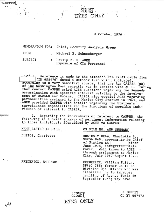 handle is hein.jfk/jfkarch11487 and id is 1 raw text is: 1104-


EYES ONLY


8 October 1976


MEMORANDUM FOR:  Chief, Security Analysis Group

FROM          :  Michael E. Schneeberger

SUBJECT       :  Philip B. F. AGEE
                 Exposure of CIA Personnel


         Reference is made to the attached P&L RYBAT cable from
       (IN 058476) dated 4 October 1976 which indicated,
according to a very sensitive source, that one Ron CASPER (ph)
of The Washington Post recently was in contact with AGEE.  During
that-Eontact CASPER asked AGEE questions regarding the Kennedy
assassination with specific interest relating to the involve-
ment of OSWALD and Cubans.  CASPER also queried AGEE regarding
personalities assigned to the Mexico City Station in 1963, and
AGEE provided CASPER with details regarding the Station's
surveillance capabilities and the functions of specific indi-
viduals of interest to CASPER.

     2.  Regarding the individuals of interest to CASPER, the
following is a brief summary of pertinent information relating
to those individuals identified by AGEE to CASPER:


NAME LISTED IN CABLE

BUSTOS, Charlotte






FREDERICK, William


OS FILE NO. AND SUMMARY


BUSTOS-VIDELA, Charlotte B.,
SF#56 840; appears to be Chief
of Station at          since
June 1974, integrated btate
cover.  Well known to AGEE   -
through assignment to Mexico
City, July 1967-August 1972.

FREDERICK, William Fulton,
SF#60 785; former GS-12 LA
Division Ops Officer who was
dismissed due to improper
handling of Agency funds in
September 1966; may have


E2 IMPDET
CL BY 007472


   Y    re

EYES ONLY,


(.


