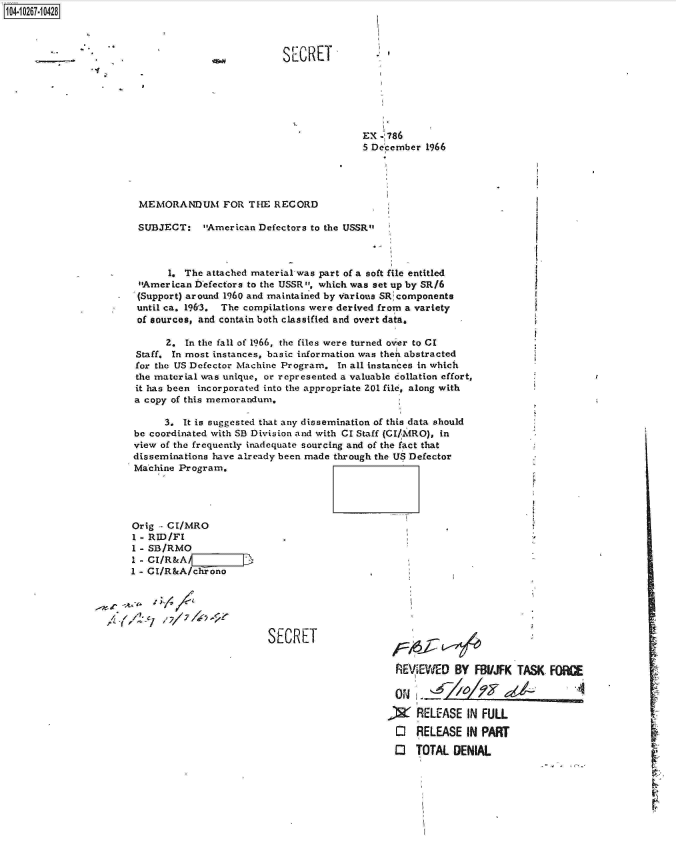 handle is hein.jfk/jfkarch18472 and id is 1 raw text is: 104-10267-10428



                                     %woo         SECRET






                                                                 EX . 786
                                                                 5 December 1966




                        MEMORANDUM FOR THE RECORD

                        SUBJECT: American Defectors   to the USSR



                             1. The attached material-was part of a soft file entitled
                        American Iefectors to the USSR, which was set up by SR/6
                        (Support) around 1960 and maintained by tarious SRcomponents
                        until ca. 1963. The compilations were derived from a variety
                        of sources, and contain both classified and overt data.

                             2.  In the fall of 1966, the files were turned over to CI
                        Staff. In most instances, basic information was then abstracted
                        for the US Defector Machine Program. In all instances in which
                        the material was unique, or represented a valuable collation effort,
                        it has been incorporated into the appropriate 201 file, along with
                        a copy of this memorandum,

                             3. It is suggested that any dissemination of this data should
                       be coordinated with SB Division and with CI Staff (CI/.MRO), in
                       view of the frequently inadequate sourcing and of the fact that
                       disseminations have already been made through the US Defector
                       Machine Program.




                       Orig  CI/MRO
                       1 - RID/F.
                       I - SB/RMO
                       -  CTIR&A            %
                       1 - CI/R&A/chrono



                         /;/7,

                                                SECRET


                                                                       REVIEWED   BY FBI/JFK TASK  FOCE



                                                                     A RELEASE IN FULL

                                                                       O   RELEASE  IN PART

                                                                       O   TOTAL DENIAL


