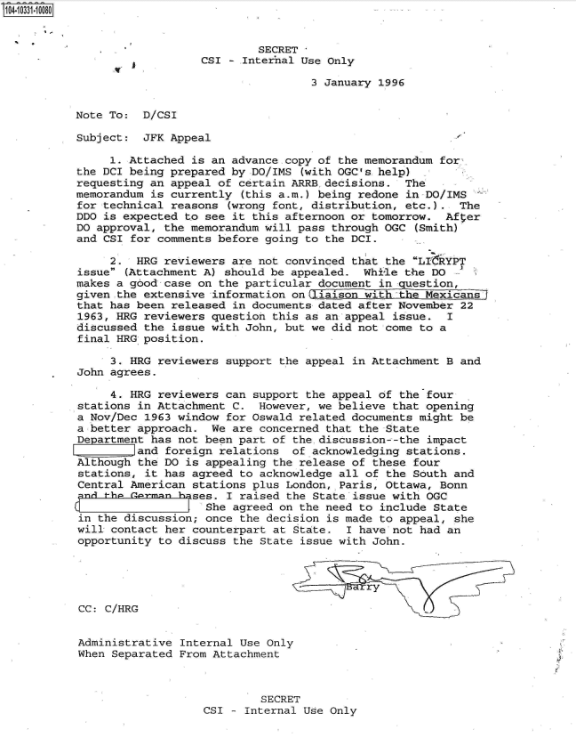 handle is hein.jfk/jfkarch19124 and id is 1 raw text is: 104-10331-10080


                                      SECRET
                             CSI  - Internal Use Only

                                              3 January 1996


           Note To:  D/CSI

           Subject:  JFK Appeal

                1. Attached is an advance copy of the memorandum for
           the DCI being prepared by DO/IMS (with OGC's help)
           requesting an appeal of certain ARRB.decisions.  The
           memorandum is currently (this a.m.) being redone in DO/IMS
           for technical reasons (wrong font, distribution, etc.).  The
           DDO is expected to see it this afternoon or tomorrow.  After
           DO approval, the memorandum will pass through OGC (Smith)
           and CSI for comments before going to the DCI.

                2.  HRG reviewers are not convinced that the LI-RYPT
           issue (Attachment A) should be appealed.  While the DO
           makes a good case on the particular document in question,
           given .the extensive information on laiso  with     Mexicans
           that has been released in documents dated after November 22
           1963, HRG reviewers question this as an appeal issue.  I
           discussed the issue with John, but we did not come to a
           final HRG position.

                3. HRG reviewers support the appeal in Attachment B and
           John agrees.

                4. HRG reviewers can support the appeal of the four
           stations in Attachment C.  However, we believe that opening
           a Nov/Dec 1963 window for Oswald related documents might be
           a better approach.  We are concerned that the State
           Department has not been part of the discussion--the impact
           I land foreign relations of acknowledging stations.
           Although the DO is appealing the release of these four
           stations, it has agreed to acknowledge all of the South and
           Central American stations plus London,.Paris, Ottawa, Bonn
           and thA German hses.  I raised the State issue with OGC
           0               1She   agreed on the need to include State
           in the discussion; once the decision is made to appeal, she
           will contact her counterpart at State.  I have not had an
           opportunity to discuss the State issue with John.



                                                      r y

           CC: C/HRG


           Administrative Internal Use Only
           When Separated From Attachment



                                      SECRET
                              CSI - Internal Use Only



