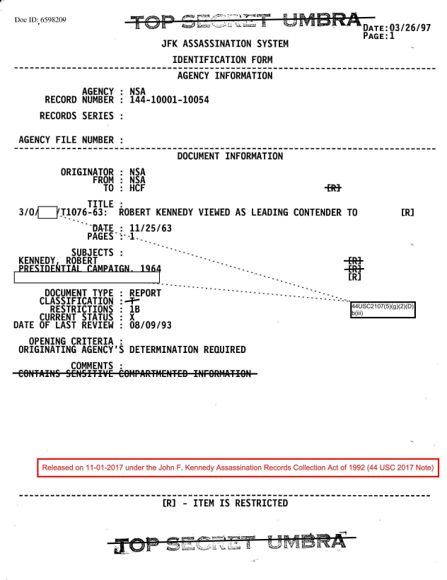 handle is hein.jfk/jfkarch20349 and id is 1 raw text is: 
Doc ID: 6598209


                                        DATE:03/26/97
                                        PAGE:1
JFK ASSASSINATION  SYSTEM


                               IDENTIFICATION  FORM
                               AGENCY  INFORMATION
             AGENCY : NSA
     RECORD  NUMBER : 144-10001-10054
     RECORDS SERIES :

AGENCY FILE  NUMBER
                                DOCUMENT INFORMATION
        ORIGINATOR  : NSA
               FROM : NSA
                 TO : HCF                                    -E-)


              TITLE :
3/O___3'T1076-63:   ROBERT KENNEDY  VIEWED AS  LEADING CONTENDER  TO
               DA-TE : 11/25/63
               PAGES  -1..


           SUBJECTS
KENNEDY  ROBERT
PFrTn1:hTTAI  raMPATCM  101A


ER]


[R]


      DOCUMENT  TYPE : REPORT                  ---               -
      CLASSIFICATION :-f-
      RESTRICTIONS   : lB
      CURRENT STATUS : X
DATE OF LAST  REVIEW : 08/09/93


  OPENING  CRITERIA :
ORIGINATING  AGENCY'S DETERMINATION  REQUIRED
           COMMENTS :
CONTA!N5 SESTI'E COMrARfMENTED IHrOIRMATEGN


-7


Released on 11-01-2017 under the John F. Kennedy Assassination Records Collection Act of 1992 (44 USC 2017 Note)


                        ER] - ITEM  IS RESTRICTED


