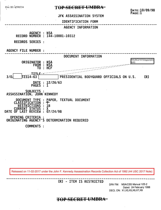 handle is hein.jfk/jfkarch20433 and id is 1 raw text is: 
Doc ID: 6598334


TOPSEC41-UMBIk

  JFK ASSASSINATION SYSTEM


DATE:10/09/98
PAGE:1


                              IDENTIFICATION FORM
                              AGENCY  INFORMATION
            AGENCY  : NSA
     RECORD NUMBER  : 144-10001-10312
     RECORDS SERIES :

AGENCY FILE NUMBER  :
                               DOCUMENT INFORMATION


ORIGINATOR  : NSA


              FROM  : NSA                          -    -
                 TO : HCF                 -   ---- ---
            . . T-ITI-F-       -  - -
3/02314-63j                  PRESIDENTIAL BODYGUARD OFFICIALS  ON U.S.
              DATE  : 12/26/63
              PAGES : 1
          SUBJECTS
ASSASSINATION, JOHN  KENNEDY


      DOCUMENT TYPE  :
      CLASSIFICATION :
      RESTRICTIONS   :
      CURRENT STATUS :
DATE OF LAST REVIEW  :
   OPENING CRITERIA  :
 ORIGINATING AGENCY'S


PAPER,  TEXTUAL DOCUMENT
f-
lB
X
07/24/98

DETERMINATION  REQUIRED


COMMENTS :


Released on 11-02-2017 under the John F. Kennedy Assassination Records Collection Act of 1992 (44 USC 2017 Note)

                         [R] - ITEM IS RESTRICTED
                                                    DRV FM: NSA/CSS Manual 123-2
                                                            Dated: 24 February 1998
                                                     DECL ON: X1,X3,X5,X6,X7,X8


TOP   SECRET UMBRA


C2107(5



    ER]


44US
b(iii)


