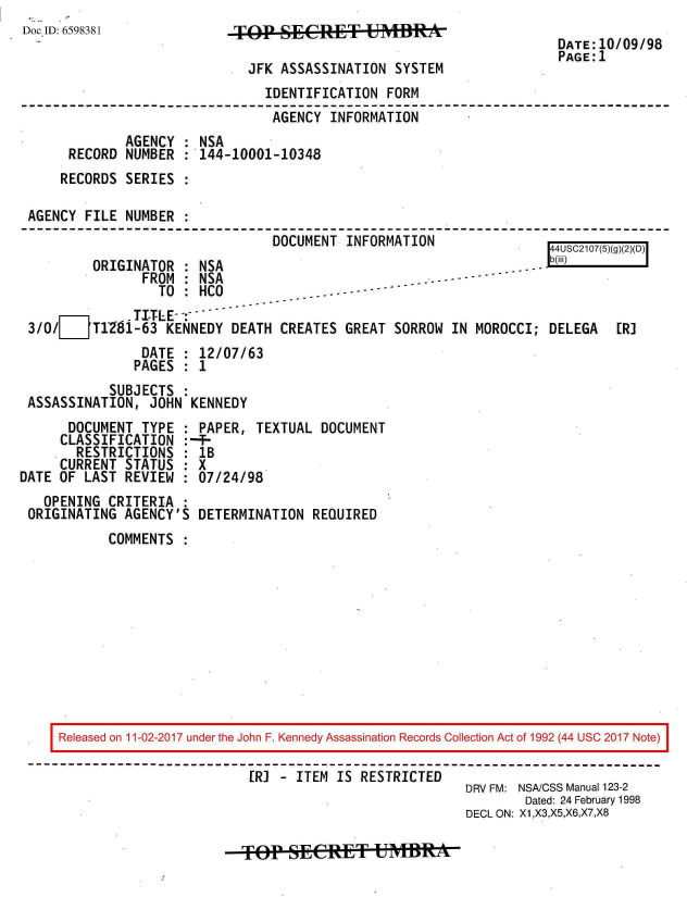 handle is hein.jfk/jfkarch20469 and id is 1 raw text is: 
Doc ID: 6598381


TOp   SECITI USYST

.JFK  ASSASSINATION SYSTEM


DATE:10/09/98
PAGE:1


                              IDENTIFICATION FORM
                              AGENCY  INFORMATION
            AGENCY  : NSA
     RECORD NUMBER  : 144-10001-10348
     RECORDS SERIES

AGENCY FILE NUMBER
                               DOCUMENT INFORMATION              WS107(5)(g)
        ORIGINATOR  : NSA                                 -----iI
              FROM  : NSA
                TO  : HCO


            -TI-T-LE -: -
3/0/_TZ81-63 KENNEDY DEATH CREATES GREAT SORROW IN MOROCCI; DELEGA
              DATE  : 12/07/63
              PAGES : 1
          SUBJECTS  :
ASSASSINATION, JOHN KENNEDY


[R]


      DOCUMENT TYPE :
      CLASSIFICATION :
      RESTRICTIONS   :
      CURRENT STATUS :
DATE OF LAST REVIEW
   OPENING CRITERIA
 ORIGINATING AGENCY'S


PAPER,  TEXTUAL DOCUMENT
--
IB
X
07/24/98

DETERMINATION  REQUIRED


COMMENTS :


Released on 11-02-2017 under the John F. Kennedy Assassination Records Collection Act of 1992 (44 USC 2017 Note)

                        [R] - ITEM IS RESTRICTED
                                                   DRV FM: NSA/CSS Manual 123-2
                                                          Dated: 24 February 1998
                                                   DECL ON: X1,X3,X5,X6,X7,X8


TOT   SECRElT UMBRA*


