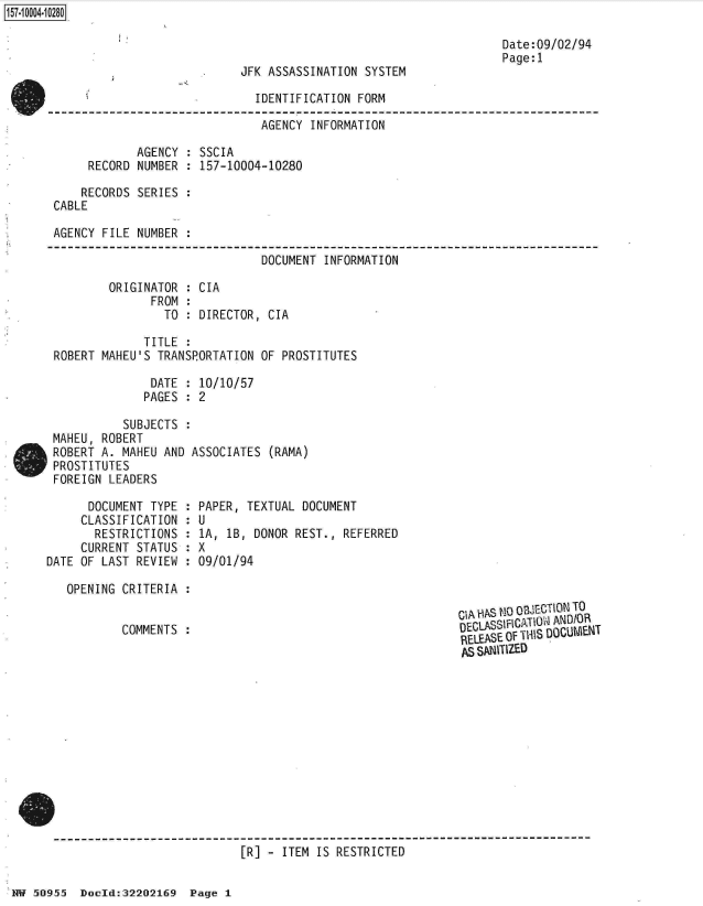 handle is hein.jfk/jfkarch32073 and id is 1 raw text is: 



JFK ASSASSINATION  SYSTEM


                              IDENTIFICATION  FORM

                              AGENCY   INFORMATION

             AGENCY : SSCIA
     RECORD  NUMBER : 157-10004-10280

     RECORDS SERIES :
CABLE

AGENCY FILE  NUMBER

                               DOCUMENT  INFORMATION

        ORIGINATOR  : CIA
               FROM :
                 TO : DIRECTOR, CIA

              TITLE
ROBERT MAHEU'S  TRANSPORTATION OF PROSTITUTES

               DATE : 10/10/57
               PAGES : 2

          SUBJECTS  :
MAHEU, ROBERT
ROBERT A. MAHEU  AND ASSOCIATES (RAMA)
PROSTITUTES
FOREIGN LEADERS


      DOCUMENT  TYPE
      CLASSIFICATION
      RESTRICTIONS
      CURRENT STATUS
DATE OF LAST REVIEW

   OPENING CRITERIA


COMMENTS  :


  PAPER, TEXTUAL DOCUMENT
:U
  lA, 1B, DONOR REST.,  REFERRED
:X
  09/01/94


CIA HAS N 003JECTION TO
DECLASSIFICATIO AN/OR
RELEASE Of THIS DOCUMEN4T
ASSANITIZED


[R] - ITEM IS RESTRICTED


HW 50955  Doeld:32202169   Page 1


157.iOOO4~1O28O


Date:09/02/94
Page:1


