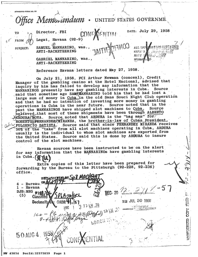 handle is hein.jfk/jfkarch34339 and id is 1 raw text is: I  .,- -


STANOARD FORM NO. 64


Ojfic,   Mem'orandum


UNITED  STA#rES  GOVERNME


TO

FROM

SUBJECT:


Director, FBI

Legat, Havana (92-9)

SAMUEL MANNARINO, was.,
ANTI-RACKETEERING

GABRIEL MANNARINO, was.,
ANTI-RACKETEERING


Xi' 'FVITt


DATE: July 29, 1958


            A L t ' T 0N

A~  Al


          Reference Havana letters dated May 27, 1958.

          On July 21, 1958, PCI Arthur Newman  (conceal), Credit
  Manager of the gambling casino at the Hotel Nacional, advised that
  inquiry by him has failed to develop any information that the
  'MANNARINOS presently have any gambling interests in Cuba. Source
  said that sometime ago SAM MANNARINO told him that he had lost a
  large sum of money in Cuba in the old Sans Souci Night Club operation
  and that he had no intention of investing more money in gambling
  operations in Cuba in the near future. Source noted that in the
  past the MANNARINOS have shipped slot machines to Cuba. Source
  believed that most of these shipments have been through ALBERTO
.XKRDURA'MOYA.  Source noted that ARDURA is the bag man- ffr7
'ROBERTQEFERNANDE     R ANDA, the brother-in-law of CubyPres ident,
  FULGENCIO BATISTA.  Source saidsince FERNANDEZ MIRANDA receives
  50O~f The  take from all slot machines operating in Cuba, ARDURA
  usually is the individual to whom slot machines are exported.from
  the United States.  Source said this is done by ARDURA to insure
  control of the slot machines.


         Havana sources have been instructed to be on the alert
for any information that the MAjNARINOs have gambling interests
in'Cuba .

         Extra copies of this letter have been prepared for
forwarding by the Bureau to the Pittsburgh (92-228, 92-236)


4 - Bureau-
1 - Havana
DJB: MEG                             'be
(5)    Dcass
       Dectasvfyi:

                     e T~~'2




     ~'~~G4           -a-    ~      L


2 /-~


ri JUL 30 195


45854 Doold:32575059 Page 1


V


4


