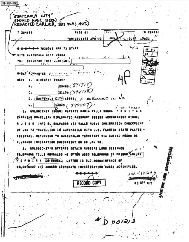 handle is hein.jfk/jfkarch36146 and id is 1 raw text is: 104-10057-10096 .



       SHMLp HANE        ZE
       REDACTED      .ARLJER



          I              -


          CITE GUATEMALA CITY 1
          T0O OttJCTOR  INFrO i


st    NAS  NOT.

         PAGE  60          on           .,     I  954716
     T94R412139i  APR73     JU          UA   19623

 A 73 STAFF
1623                                            AB


vIAt .PM   Apvs         ..
U1FI   A.  DIRECTOR 394347

           c           )21194

       0* D U l 14 A CITY aIb o It (9


*to ESLOGIC27 IMEMI REPORTS MaRIA PAULA SOUUA          F    I 1   AS
CARuYL.9  SRalILIAN DIPLOMATLC-FASSPORT   186399 ACCOMPANIED  MIGUEL
u s   S 0   INTO E  SALVaDO   VIA VALL   NUEVO IMMIGRATION  CMCKPOINT
at JAN  73 TRAVELLING IN  AUTOMOIOE  WITH  U.S. rLOAIDA STATS  PLATES -
1816981,   RtTURNING TO  GUATEMALAN TERRITORY  VIA CUIDAD  PEDRO DI
ALVARADODIMMIGSATION  cMeckS0INT  ON 30 JAN  73.
   8    ISLGIC02798  IPVORTS  OSTAIN RUSSo$S  LONG DISTANCE
TELSPMONt  TOLLS REVbALED  Me OrTdN USE0  TLaPMONE  Of FRIENOD  MAURY
                     I4 0 4O LATTR ISS OLD .ACOUAINTANCE or
000w47      0M    AGREED COOPERATE INVSSTISATIW  RUSSO ACTIVITIES,
                                          C...\  0 A~


4..'.

                           /

                       7-
.4.


*    U


4,   *I..     . .  4


  2'






Ia.


