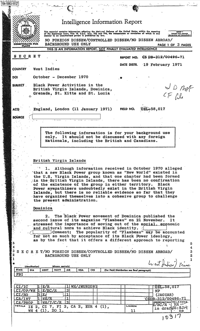 handle is hein.jfk/jfkarch36361 and id is 1 raw text is: 









      D3TRATE Von
aPLANS


Intelligence  Information Report


This material contains Information effecting the Nat;ceal Defense of the United States within the meaning
of the Espionage Laws. Title 18, U.S.C. Seca. 793 and 794, the transmission or revelation of which in any      I.
manner to an unutherlaed person is prohibited by low.
NO  FOREIGN  DISSEM/CONTROLLED   DISSEM/NO  DISSEM  ABROAD/
BACKGROUND   USE ONLY                                PAGE 1 0


F.d.d 3... P e


F 3 PAGES


THIS IS AN INFORMATION REPORT, NOT FINALLY EVALUATED INTELLIGENCE


SECRET


COUNTRY

DOI


REPORT No. CS DB-312/OO496-71

DATE DISTR. -19 February 1971


West  Indies


October  - December  1970


SUBJECT.  Black Power  Activities  in  the
          British  Virgin Islands,  Dominica,
          Grenada,  St. Kitts  and St.  Lucia


England,  London  (11 January  1971)


FIELD NO. bEI 58,017


British  Virgin  Islands


4
3 SE
2
1
e


    . '  1.  Although   information  received  in October  1970  alleged
    'that a new Black Power  group  known as  New World  existed  in
    the U.S. Virgin  Islands,  and  that one  chapter  had been  formed
  .in  the British  Virgin  Islands,  there  has been  no confirmation
  of   the existence  of  the group  in either  territory.   Black
  Power   sympathizers   undoubtedly  exist  in the British  Virgin
  Islands,   but  there  is no reliable  evidence  so  far that  they
  have   organized  themselves  into  a cohesive  group  to challenge
    the present  administration.

    Dominica

         2.  The  Black  Power movement  of  Dominica.published   the
   second  issue  of its  magazine  Flambeau  on 21  November.   It
   .stressed  the-importance  of moving  out  of the  social,  economic
   and  cultural-norm  to  achieve  Black identity.
            Comment:   The  popularity  of  Flambeau  may be  accounted
   for  not so  much by  acceptance  of its  Black Power  ideology,
   as  by the  fact that  it offers  a different  approach  to  reporting


C R  E T/NO FOREIGN  DISSEM/CONTROLLED   DISSEM/NO  DISSEM  ABROAD/
         BACKGROUND  USE  ONLY


(dessiafiation)


L~44~) ritA


(dissem tentrols)


STATE  DIA  ARMY  NAVY  AIR   NSA  CRS    (For Field Distribution see fmal paragraph)
FBI


'I/IC       1 E/R       11 WH MUNION1                                ,b8,oll  
0I/OP/WH   l E   /R     31                                       NP
                        14                                     -  (JAGUAR)
SAZINT- 1 W171                                                   --312/00496-  1
CA/HL7.OC               . 3                                     can___ _EEAS__
TerAL, IE 2, CI 7, FI  3, CA 2,  EUR 4  (1),        LIAISON      in  d  R t
      WH 4  (1)  DO  1.                               11                    ne
                                                                       ) ne


CL


ACO

SOURCE


The  following  information  is for  your background   use
only.   It should  not be  discussed  with  any foreign
tiationals, including   the British  and Canadians.


:*


