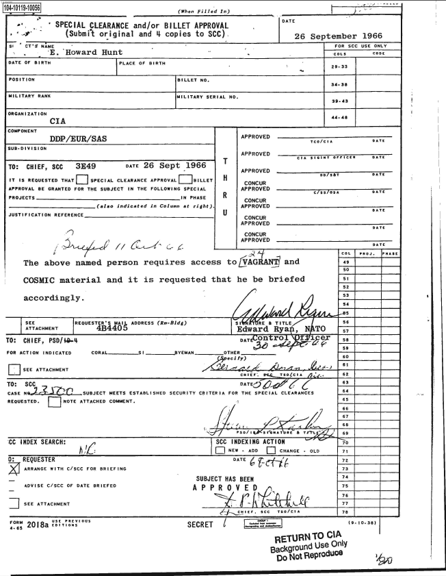 handle is hein.jfk/jfkarch39017 and id is 1 raw text is: 14-10119-10056


(When Filled In)


            SPECIAL  CLEARANCE  and/or  BILLET  APPROVAL
               (Submit original   and 4  copies to  SCC).

S-  CT- NAME
          'E. 'Howard   Hunt


DAT


E


26   September 1966


FOR SCC USE ONLY
COLS      CODE


   E OF                      PLACE OF BIRTH                                          29-33


 POSITION                                    BILLET NO.
                                                                                     34.38

 MILITARY RANK                              MILITARY SERIAL NO.
                                                                                     39-43

 ORGANIZATION
                                                                                     44-48
           CIA
COMPONENT
           DDP/EUR/SAS                                       APPROVED           colo g         DATE
SUB-DIVISION
                                                             APPROVED  _________________

 TO: CHIEF, SCC   3E49         DATE 26  Sept   1966     T                   CIA sicINT OFFICER DATE
                                                             APPROVED  _________________
 IT IS REQUESTED THAT SPECIAL CLEARANCE APPROVAL BILLET       CONCUR              DD/SAT       DATE
 APPROVAL BE GRANTED FOR THE SUBJECT IN THE FOLLOWING SPECIAL APPROVED          C7ss/oSA       DATE
 PROJECTS                                    IN PHASE   R     CONCUR
                        (also indicated in Column at right). APPROVED
                                                                                               DATE
 JUSTIFICATION REFERENCE                                      CONCUR
                                                             APPROVED
                                                                                               DATE
                                                              CONCUR
                                                              APPROVED

                                                                                       COL  PROJ. PHASE

     The  above   named   person requires access to LVAG -,A            and                 _9
                                                                                        50

    COSMIC material and it is requested that he be briefed                              51
                                                                                        52

     accordingly.
                                                                                        54
                                                                                        z/5
     SEE          REQUESTER'S MAIL ADDRESS (Re-Bidg)        SI    RE & TITLE            56
     ATTACHMENT         4B4405                              Edward    Rya  ,  N TO      57

TO:  CHIEF, PSD/14..4%                                       DAT    trO o 1 e 58

FOR ACTION INDICATED  CORAL       SI        RYEMAN                                      5OTHER
                                                       C6ecify)                         60

    SEE ATTACHMENT                                     't 2-
                                                             CHEnF*. s Ts  cA           62
TO:  SCC                                                     DATE   E3Z0 '   6(        63
CASE N-             SUBJECT MEETS ESTABLISHED SECURITY CRITERIA FOR THE SPECIAL CLEARANCES 64
REQUESTED.     NOTE ATTACHED COMMENT.                                                  65
                                                                                       66
                                                                -                      67
                                                        P P5 DI tXS §'HA T` RE i-                                                                   68 2 r


 CC INDEX SEARCH:                                      SCC INDEXING ACTION             70
                                                          NEW - ADD    CHANGE  OLD     71
 0: REQUESTER                                              DATE 6                      72
     ARRANGE WITH C/SCC FOR BRIEFING                                                   73

                                                 SUBJECT HAS BEEN                      7      _
     ADVISE C/SCC OF DATE BRIEFED                A P P R  0 VED 7

                      -                                      r'(~1Ki~~Lb-        ~     76   _  _   _
     SEE ATTACHMENT                                                         ._77
                                                                  SCC  TSO/CIA         78


FORM 2     USE REOS
4,,m 2018a EEITIOuS


SECRET   I


jt4.db~I


RETURN TO CIA
BackgrOund  Use Only
  Do Not ReprodUce


I


(9-10o3e


