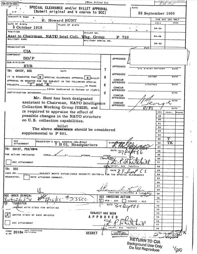 handle is hein.jfk/jfkarch39018 and id is 1 raw text is:                                           (When Filled In)

            SPECIAL CLEARANCE  and/or BILLET  APPROVAL
              (Submit original  and  4 copies to SCC)
SUBJECT*S NAME
                  E.  Howard   HUNT


DATE OF BIRTH
   b October  1918


DAT


22 SA E  p e  b r 1  6


PLACE OF BIRTH


FOR SCC USE ONLY
COLS      CODE

29-331


  POSITION                                  BILLET NO.
  Asst to Chairman. NATO       nt   C       rk               P  739               3438
  MILITARY RANK                             MILITARY SERIAL NO.
                                                                                  39.43
  ORGANIZATION
           CIA
  COMPONENT
          DD/  P                                           APPROVED
  SUB*DIVISION
           EUR                                             APPROVED _________________
                                                                         CIA SIGINT OFFICER DATE
  TO: CHIEF, SCC               DATE                    T
                                                           APPROVED
  IT IS REQUESTED THAT E SPECIAL CLEARANCE APPROVAL BILLET H                   DD/S&T      DATE
  APPROVAL BE GRANTED FOR THE SUBJECT IN THE FOLLOWING SPECIAL           APPROVED
  PROJECTS __T   _.and_            _K_      IN PHASE  R     CONCUR
                       (also indicated in Column at right).        APPROVED
  JUSTIFICATION REFERENCE                             U                                    DATE
                                                            CONCUR
                                                            APPROVED
                Mr.  Hunt  has been  designated            APOE
          assistant to Chairman, NATO Intellige ce         CONCUR
                                                           APPROVED
          Collection  Working  Group   (USIB), and                              I          DATE
          is required  to appraise  the effect of                                  C      OJ. PHASE
          possible changes   in the NATO   structure                                SO
          on U. S. collection capabilities.                                         5o
                                                                                    52
                             billet                                                 5
               The  above  ohemxunc   should  be considered
          supplemental   to P 691.                                                  54

                                                                                    55  T
     SEE          REQUESTER'S MAIL ADDRESS (Rm-Bldg)     SIGN       I LE            56   TK
     ATTACHMENT             7 B 03,  Headquarters                                   57

 TO: CHIEF, PSD/t*4                                       DATE                      B 58

 FOR ACTION INDICATED CORAL      SI        YEMAN      OTHER

     SEE ATTACHMENT(Spec                                                           60
                                                          CHIEF. SCC TSO/CIA       62
 TO: SCC                                                  DATE         Z( (        63
 CASE-NO*          SUBJECT MEETS ESTABLISHED SECURITY CRITERIA OR THE SPECIAL CLEARANCES 64
 REQUESTED.   NOTE ATTACHED COMMENT.                                               65

                                                                                   66
                                                                                   67

                                                         Pso/lo4 SIGNA LiRE & TI1  69
SCC INDEX SEARCH:   IN                              SCC INDEXING ACTION            70         -

                                                       NEW - ADD   CHANGE  OLD
TO! '~EQTER            I                   --(           AE      ~C72                  ___
     AR AN E W ITH C/SCC FOR BRIEFING                                               73-------_73

                                               SUBJECT HAS BEEN                    74
     ADVISE C/SCC OF DATE BRIEFED             A5
                                              A PP  R 0  VE  D
                                                                                   76.
D   SEE ATTACHMENT
                                                         CHIEF. SCC TSO/CIA        78
   M       USE PREVIOUS


    RE!URNTo  CIA  ,.
Background Ue  Ony d


4 ;, 2018a ED ITION


SECRET   t


7


22 September   1966


