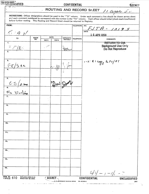 handle is hein.jfk/jfkarch39104 and id is 1 raw text is: 
O2O      5SOFED                                        CONFIDENTIAL                                             1ECRET

                                       ROUTING AND RECORD S1-,EET

       INSTRUCTIONS: Officer designations should be used in the 70 column. Under each comment a line should be drawn across sheet
       and each comment numbered to correspond with the number in the TO column. Each officer should initial (check mark insufficient)
       before further routing. This Routing and Record Sheet should be returned to Registry.

     FROM:                                                     TELEPHONE NO.

                                                                        DATE

                                                                        ___16 APR 1958
                         ROOM             DATE        OFFICER'S
                             No       REC-D    FWD-D   INITIA TELEPHONE                     COMMENTS


  3'







  5.


  6.



  7.



  8.[



  9.



10.















'4.


WA.   610


REPLACES FORM 51-10
WHICH MAY BE USED.


Background   Use  Only
  D~o No  Rproduce


/


I.                i _______ ¶.       I.                         I-


/SECRET ,,


CONFIDENTIAL


UNCLASSI  F ED
             (40)


--V- G.AIOVERNMENT PRINTING OnFICE  16--61156-4


I -  : ?  I


&  r- u/ e T


