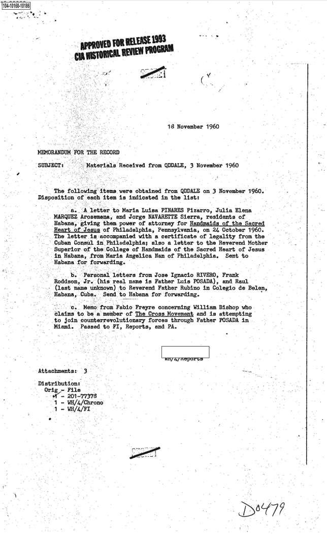 handle is hein.jfk/jfkarch40380 and id is 1 raw text is: 104 0O160-10186

















                                                   18 November 1960



           MEMORANDUM FOR THE RECORD

           SUBJECT:       Materials Received from QDDALE, 3 November 1960



                The following items were obtained from QDDALE on 3 November 1960.
           Disposition of each item is indicated in the list:

                     a.  A letter to Maria Luisa PINARES Pizarro, Julia Elena
                MARQUEZ Arosemena, and Jorge NAVARETTE Sierra, residents of
                Habana, giving them power of attorney for Handmaide of the Sacred
                Heart of Jesus of Philadelphia, Pennsylvania, on 24 October 1960.
                The letter.ia accompanied with a certificate of legality from the
                Cuban Consul in.Philadelphia; also a letter to the Reverend Mother
                Superior of the College of Handmaids of the Sacred Heart of Jesus
                in Habana, from Maria Angelica Nan of Philadelphia.  Sent to
                Habana for forwarding.

                         Personal letters from Jose Ignacio RIVERO, Frank
                Roddson, Jr. (his real name is Father Luis POSADA), and Raul
                (last name unknown) to Reverend Father Rubino in Colegio de Belen,
                Habana, Cuba.  Send to Habana for forwarding.

                     c.  Memo from Fabio Freyre concerning William Bishop who
                claims to be.a meiber of The Cross Movement and is attempting
                to join counterrevolutionary forces through Father POSADA in
                Miami.  Passed to FI, Reports, and PA.





           Attachments:  3

           Distribution:
             Orig7- File
                  - 201-77378
                1 - WH/4/Chrono
                1 - WH/4/FI







                               Y77


