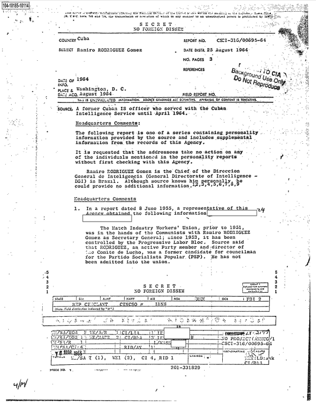 handle is hein.jfk/jfkarch43723 and id is 1 raw text is: 
REFERENCES


DA-- oF. l964
INJPO.
p C,. , Washington, D. C.


tAZ ACQ. August 1964 -                      FIELD -REPORT NO.
       In-; IS UN.Vit.ATE0  oNFOMAYION. SO U r GrADINGS A;: o:PNIIaVE. APPaISAt Of CONUNT-S TsNTaiTVL

SOURa:, A former Cuban IS officer wbo served with the Cuban
       Intelligence Service until April  1964.

       Headquarters Comments:

       The following report is one of a series  containing personality
       information provided by the source and  includessupplemntat1
       information from the records of this Agency.

       It Is requested that 'the addressees take no action on any
       of the individuals mentioncd in the personality  reports
       without first checking with this Agency.

          Ramiro RODRIGUEZ  Gomez is the Chief of the  Direccion
      General do  Inteligoncia (General Directorate of  Intelligence -
      DOI) in Brazil.   Alt-hough source knows him persona11y  he
      could provide  no additional information.1p,4,4,   674,9


headquarters  Comments


1.  In a report dated  8 June 1955,.a representative  of this
    Amency obtained  the following inforhation      a     o


         The Match  Industry Workers' Union, prior to  1951,
    was in the hands of  the Communists with Ramiro RODRIGUEZ
    Gomez as Secretary General;  since 1953, it has been
    controlled by the Progressive  Labor Bloc.  Source said
    that RO:RIGUEZ, an active  Party member and director of
    1.o Comite de Lucho,  was a former candidate for councilman
    for the Partido Socialista  Popular.(PSP).  He has not
    been admitted into the union.


   SECRET
NO FOREIGN DISSEM


STATS   CI      I A.,MY  NAVY   IA!2      NA     X-~       oci     FI
        112CEMCA\T     CINCSO      FN


  7 -S I/ E'C.-O1 1 Z tC 5~ 1 ., !I:nlj l T E.
i..!/S A / -0Oi ;E /'.M A  92 CT/R-A 2i' I



     .1S     T  (     WE! (2),  CI 4, RID I  ~~


0PPOJ27:CT AMM.UG/l




      CT /2'. . I


Febmm NO. .-- -- ----


201-331829


B~CKrOLc  ..QA ~

0  0 N t   Olyc


t


4'


I


5
4
3
2
1


-5
.4
3
2
1


I I


8


                            SE   CRET                .
                          NO FORULIG: DISSEM

COUNTRY Cuba                                REPORT Nb. CSCI-31G/00695-64

SUMECT RamIro RODUIGUEZ Gomez               DATE Dois. 25 August 1964

                                            NO. PAGES 3


