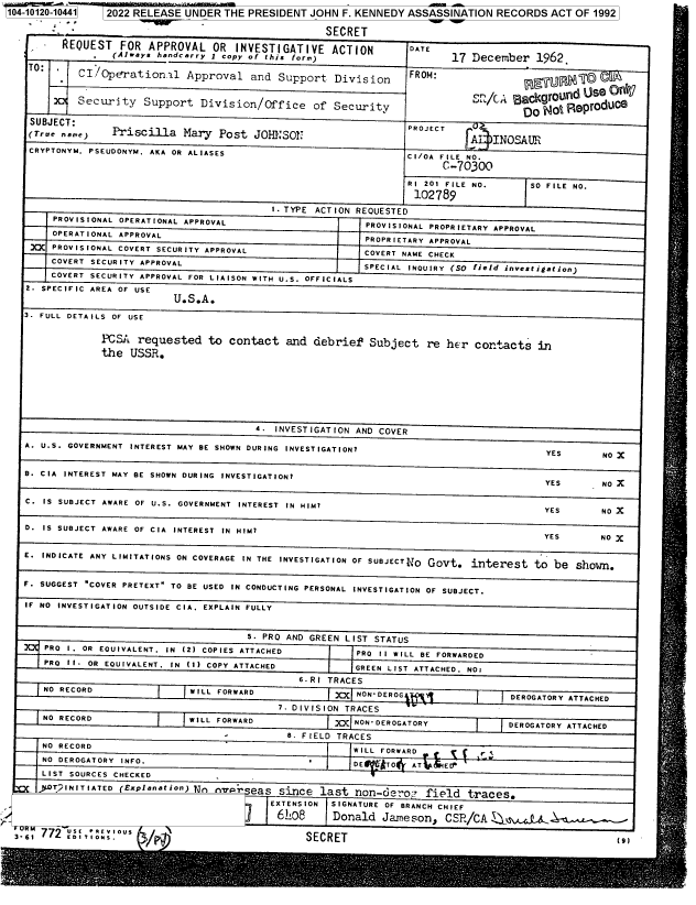 handle is hein.jfk/jfkarch72668 and id is 1 raw text is: 104-10120-10441   2022 RELEASE UNDER  THE PRESIDENT JOHN  F. KENNEDY ASSASSINATION  RECORDS  ACT OF 1992

                                                       SECRET
          REQUEST   FOR  APPROVAL   OR INVESTIGATIVE ACTION          DATE
                   (Always handcarry i copy of this form)                   17 December    962
    TO'      CI   pration.l Approval and Support Division            FROM:



             Security   Support   Division/Office of Security                           DoNoeprodCG

     SUBJECT:                                                        PROJECT
     (rue, n..)    Priscilla   Mary  Post  JOH.SOPJ                            A   INOSAUR
     CRYPTONYM. PSEUDONYM. AKA OR ALIASES                           CI/OA FILE NO.

                                                                          C-70300

                                                                     RI 201 FILE NO.     SO FILE NO.
                                                                     102789
                                              I. TYPE ACTION REQUESTED
         PROVISIONAL OPERATIONAL APPROVAL                    PROVISIONAL PROPRIETARY APPROVAL
         OPERATIONAL APPROVAL                                PROPRIETARY APPROVAL
     XCX PROVISIONAL COVERT SECURITY APPROVAL                COVERT NAME CHECK
        COVERT SECURITY APPROVAL                             SPECIAL INOUIRY (SO field investigation)
        COVERT SECURITY APPROVAL FOR LIAISON WITH U.S. OFFICIALS
    2. SPECIFIC AREA OF USE
                             U.S.A.
    3. FULL DETAILS OF USE


                 PCSA  requested   to contact   and  debrief  Subject   re her  contacts   in
                 the  USSR.







                                           4. INVESTIGATION AND COVER

    A. U.S. GOVERNMENT INTEREST MAY BE SHOWN DURING INVESTIGATION?                          YES      NO X


    B. CIA INTEREST MAY BE SHOWN DURING INVESTIGATION?
                                                                                            YES      NO X

    C. IS SUBJECT AWARE OF U.S. GOVERNMENT INTEREST IN HIM?                                 YES      NO X


    D. IS SUBJECT AWARE OF CIA INTEREST IN HIM?

                                                                                            YES      NO X
    E. INDICATE ANY LIMITATIONS ON COVERAGE IN THE INVESTIGATION OF SUBJECTIJO Govt. interest to be shorm.


    F. SUGGEST COVER PRETEXT TO BE USED IN CONDUCTING PERSONAL INVESTIGATION OF SUBJECT.

    IF NO INVESTIGATION OUTSIDE CIA. EXPLAIN FULLY


                                         5. PRO AND GREEN LIST STATUS
       PRO I. OR EOUIVALENT. IN (2) COPIES ATTACHED         PRO II WILL BE FORWARDED
       PRO II. OR EOUIVALENT. IN (1) COPY ATTACHED          GREEN LIST ATTACHED. NO:

                                                  6. RI TRACES
       NO RECORD                WILL FORWARD            )X  NON-DEROG                 DEROGATORY ATTACHED

                                               7. DIVISION TRACES
       NO RECORD                WILL FORWARD            )   NON'DEROGATORY            DEROGATORY ATTACHED

                                                .8 FIELD TRACES
       NO RECORD                                           WILL FORWARD          r '
       NO DEROGATORY INFO.                          *      DE   *TO  AT    Et
       LIST SOURCES CHECKED
         T2INITIATED (Explanation) n      eas  since  last  non-dero?   field  traces.

                                             EXTENSION  SIGNATURE OF BRANCH CHIEF
                                             6h08       Donald  Jameson,   CS P//CAAs
Er-
  3.61 772 E0t04S05/                               SECRET                                               (9)


