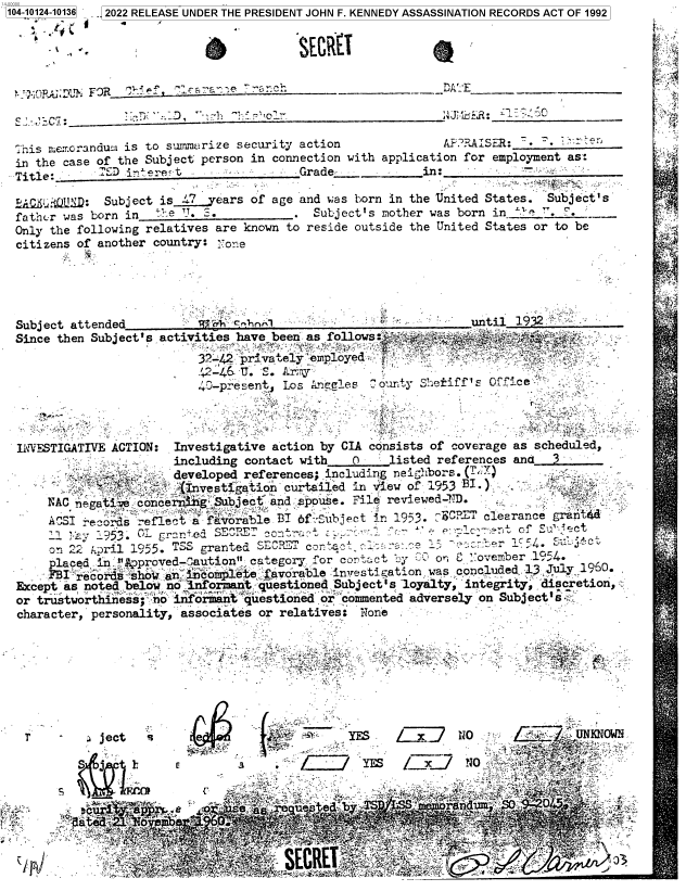 handle is hein.jfk/jfkarch72946 and id is 1 raw text is: 104-10124-10136  . 2022 RELEASE UNDER THE PRESIDENT JOHN F. KENNEDY ASSASSINATION RECORDS ACT OF 1992





   s R ., Uv- FOR i                                   -   -D  E



 This nmemorandum is to summarize security action           ARAISER:    -  -
 in the case of the Subject person in connection with application for employment as:
 Title:         i.D .ere=t              Grader           in:

 jirtUg: Subject is L7 years of age and was born in the United States. Subject's
 father was born in  '-e T. 3.          . Subject's mother was born in     .  .
 Only the following relatives are known to reside outside the United States or to be
 citizens of another country: 'on-oe





 Subject attended              er n                             until 1932
 Since then Subject's activities have been as follows:              e
                          32-42 prvatel   employed
                          42-4 .U. S. Army
                          40-pesent,  Los Ang es  'ounty Setiff'S O   ce



 INVESTIGATIVE ACTION: Investigative action by CIA consists of coverage as scheduled,
                       including contact with   0    listed references and
                       developed references; including neighbors. (T
                         nvestigation curtailed in iew of 195.3 BI.) .
      NAC negative concen  g Subjectand spouse. File reviewed-'TD.
      ACSI -e'os   eflect a favorable 3 6f Subject in 1953. CET   clearance gran
           JrIW -v _f _L                           _ n.dSCK'eeta. ~ e r:7 -' C -ni et C.f emu' .°ct
             :)5'3   Lr   --?. SESPT cL.,.*J - 1        .C' -I
       o. 2~ /i1 1955. TSS granted SECRET cont.  c:L:zc:.C      1; ~   :er 1,S4. Su:3cC
       polaced I' proved-caution. category for contact by =' on i Povember 1954.
       FBI e'rcod 'shots ari iomr'plete favorable investigation, was concluded 13 July 1960.
 Except as noted below no informant questioned Subject's loyalty, integrity, discretion,
 or trustworthinessr;no informint ~questioned or commented adversely on Subject's
 character, personality, associates or relatives: none








 1         u ject  sYES -                                     lo              UNOWN

                                                     SYE                  rn y


             S` j    ,Es                                       N



                       _ ~~      ~    SECRET       ~       ..~


