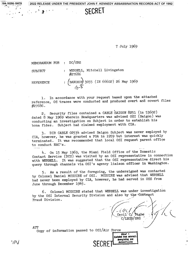 handle is hein.jfk/jfkarch78367 and id is 1 raw text is: 104-10256-10079

SECRET

7 July 1969

MEMORANDUM FOR
SUBJECT
REFERENCE

: DC/SRS
WERBELL, Mitchell Livingston
#27686
: BANGKO) 3055 (IN 66602) 26 May 1969

1. In accordance with your request based upon the attached
reference, OS traces were conducted and produced overt and covert files
#27686.
2. Security files contained a CABLE SAIGON 8251 (in 53602)
dated 8 May 1969 wherein Headquarters was advised OSI (Saigon) was
conducting an investigation on Subject in order to establish his
bona fides. Subject had claimed employment with CIA.
3. DIR CABLE 02534 advised Saigon Subject was never employed by
CIA, however, he was granted a POA in 1959 but interest was quickly
terminated. It was recommended that local OSI request parent office
to conduct NAC's.
4. On 15 May 1969, the Miami Field Office of the Domestic
Contact Service (DCS) was visited by an OSI representative in connection
with WERBELL. It was suggested that the OSI representative direct his
query through channels via OSI's agency liaison officer in Washington.
5. As a result of the foregoing, the undersigned was contacted
by Colonel Daniel MCGUIRE of OSI. MCGUIRE was advised that WERBELL
had never been employed by CIA, however, he had served in OSS from
June through December 1945.
6. Colonel MCGUIRE stated that WERBELL was under investigation
by the OSI Internal Security Division and also by the-C--tr ct
Fraud Division.
C-ecil'C      he
C/LEO',B/SRS -
ATT
Copy of information passed to OSI/Air Force
Excleded hra atarMalk
e wngrading and
SE CRE e'

52022 RELEASE UNDER THE PRESIDENT JOHN F. KENNEDY ASSASSINATION RECORDS ACT OF 1992


