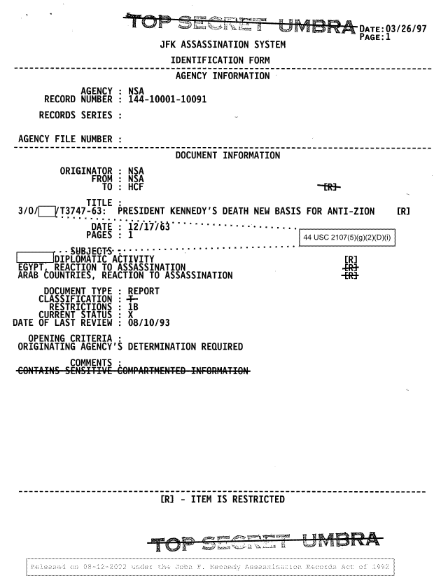 handle is hein.jfk/jfkarch81725 and id is 1 raw text is: DATE: 03/26/97
PAGE:1
JFK ASSASSINATION SYSTEM
IDENTIFICATION FORM
AGENCY INFORMATION------         --
AGENCY : NSA
RECORD NUMBER : 144-10001-10091
RECORDS SERIES :
AGENCY FILE NUMBER :
DOCUMENT INFORMATION
ORIGINATOR : NSA
FROM : NSA
TO : HCF                                --tR+-
TITLE
3/0/   /T3747-63: PRESIDENT KENNEDY'S DEATH NEW BASIS FOR ANTI-ZION   [R]
DATE : 12/176/ ................... .
PAGES  :  1                             44 usc 2107(5)(g)(2)(D)(i)
.  SUBJECT-S  -.................     .....
DIPLOMATIC ACTIVITY                                   [R]
EGYPT REACTION TO ASSASSINATION                             ER}
ARAB COUNTRIES, REACTION TO ASSASSINATION                   -ER}
DOCUMENT TYPE : REPORT
CLASSIFICATION : 4-
RESTRICTIONS : 1B
CURRENT STATUS : X
DATE OF LAST REVIEW : 08/10/93
OPENING CRITERIA :
ORIGINATING AGENCY'S DETERMINATION REQUIRED
COMMENTS :
COLTA IN S SENSITIV~E CO AlARTENTED INFOIMATIOI
[R] - ITEM IS RESTRICTED


