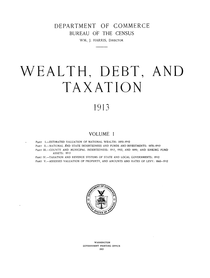 handle is hein.tera/wedbtx0001 and id is 1 raw text is: DEPARTMENT OF COMMERCE
BUREAU OF THE CENSUS
WM.. J. HARRIS, DIRECTOR

WEALTH

DEBT

AND

TAXATION
1913

VOLUME

PART I.-ESTIMATED VALUATION OF NATIONAL WEALTH: 1850-1912
PART II.-NATIONAL AND STATE INDEBTEDNESS AND FUNDS AND INVESTMENTS: 1870-1913
PART III.-COUNTY AND MUNICIPAL INDEBTEDNESS: 1913, 1902, AND 1890; AND SINKING FUND
ASSETS: 19f3
PART IV.-TAXATION AND REVENUE SYSTEMS OF STATE AND LOCAL GOVERNMENTS: 1912
PART V.-ASSESSED VALUATION OF PROPERTY, AND AMOUNTS AND RATES OF LEVY: 1860-1912

WASHINGTON
GOVERNMENT PRINTING OFFICE
1915


