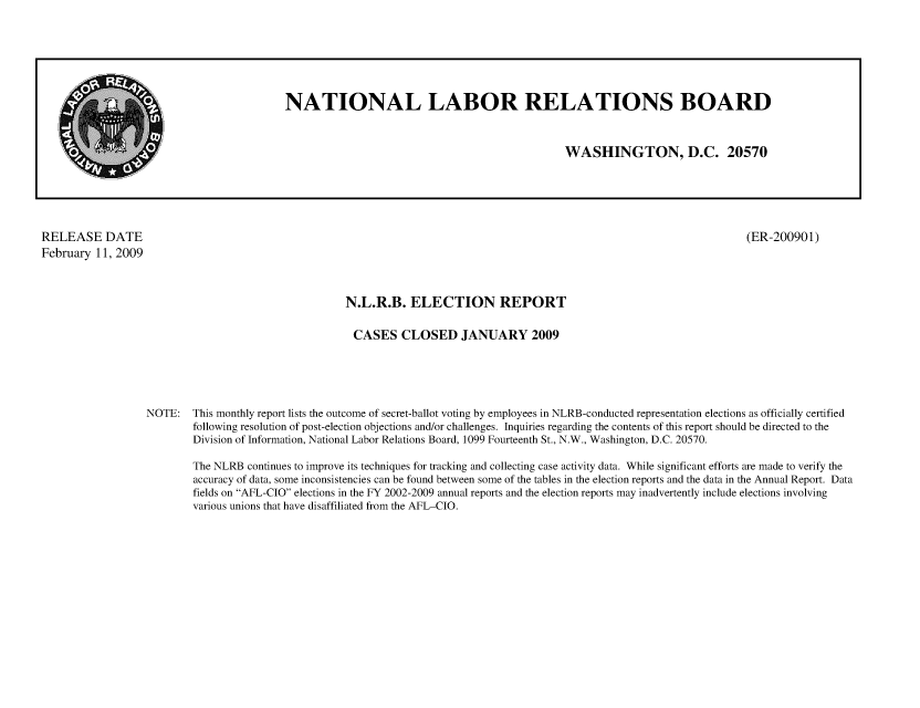 handle is hein.usfed/nlrbercc2009 and id is 1 raw text is: RELEASE DATE
February 11, 2009

(ER-200901)

N.L.R.B. ELECTION REPORT
CASES CLOSED JANUARY 2009
NOTE: This monthly report lists the outcome of secret-ballot voting by employees in NLRB-conducted representation elections as officially certified
following resolution of post-election objections and/or challenges. Inquiries regarding the contents of this report should be directed to the
Division of Information, National Labor Relations Board, 1099 Fourteenth St., N.W., Washington, D.C. 20570.
The NLRB continues to improve its techniques for tracking and collecting case activity data. While significant efforts are made to verify the
accuracy of data, some inconsistencies can be found between some of the tables in the election reports and the data in the Annual Report. Data
fields on AFL-CIO elections in the FY 2002-2009 annual reports and the election reports may inadvertently include elections involving
various unions that have disaffiliated from the AFL-CIO.

NATIONAL LABOR RELATIONS BOARD
WASHINGTON, D.C. 20570


