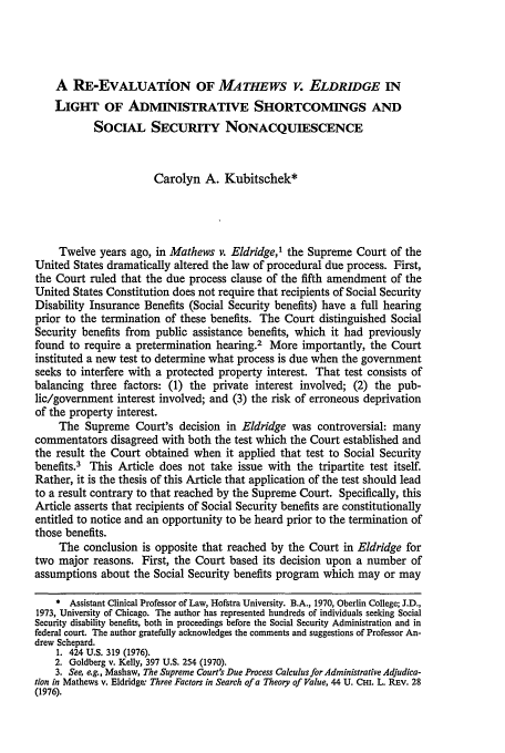 A Re-Evaluation of Mathews v. Eldridge in Light of Administrative