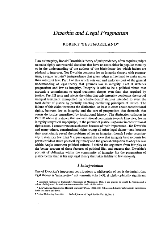 Dworkin and Legal Pragmatism 11 Oxford Journal of Legal Studies 1991
