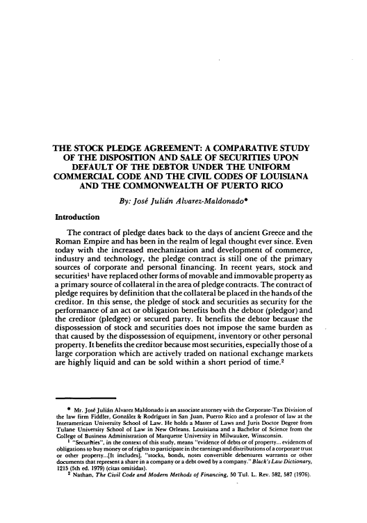 Stock Pledge Agreement: A Comparative Study of the Disposition and Sale of Securities upon ...