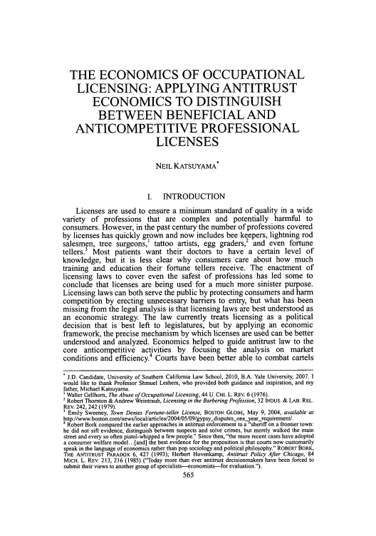 handle is hein.journals/scid19 and id is 571 raw text is: THE ECONOMICS OF OCCUPATIONAL
LICENSING: APPLYING ANTITRUST
ECONOMICS TO DISTINGUISH
BETWEEN BENEFICIAL AND
ANTICOMPETITIVE PROFESSIONAL
LICENSES
NEIL KATSUYAMA*
I. INTRODUCTION
Licenses are used to ensure a minimum standard of quality in a wide
variety of professions that are complex and potentially harmful to
consumers. However, in the past century the number of professions covered
by licenses has quickly grown and now includes bee keepers, lightning rod
salesmen, tree surgeons,' tattoo artists, egg graders, and even fortune
tellers.3 Most patients want their doctors to have a certain level of
knowledge, but it is less clear why consumers care about how much
training and education their fortune tellers receive. The enactment of
licensing laws to cover even the safest of professions has led some to
conclude that licenses are being used for a much more sinister purpose.
Licensing laws can both serve the public by protecting consumers and harm
competition by erecting unnecessary barriers to entry, but what has been
missing from the legal analysis is that licensing laws are best understood as
an economic strategy. The law currently treats licensing as a political
decision that is best left to legislatures, but by applying an economic
framework, the precise mechanism by which licenses are used can be better
understood and analyzed. Economics helped to guide antitrust law to the
core anticompetitive activities by focusing the analysis on market
conditions and efficiency.4 Courts have been better able to combat cartels
 J.D. Candidate, University of Southern California Law School, 2010, B.A. Yale University, 2007. I
would like to thank Professor Shmuel Leshem, who provided both guidance and inspiration, and my
father, Michael Katsuyama.
1 Walter Gellhom, The Abuse of Occupational Licensing, 44 U. CHI. L. REv. 6 (1976).
2 Robert Thornton & Andrew Weintraub, Licensing in the Barbering Profession, 32 INDUs. & LAB. REL.
REv. 242, 242 (1979).
3 Emily Sweeney, Town Denies Fortune-teller License, BOSTON GLOBE, May 9, 2004, available at
http://www.boston.com/news/local/articles/2004/05/09/gypsy-disputes-one-year-requirement/.
Robert Bork compared the earlier approaches in antitrust enforcement to a sheriff on a frontier town:
he did not sift evidence, distinguish between suspects and solve crimes, but merely walked the main
street and every so often pistol-whipped a few people. Since then, the more recent cases have adopted
a consumer welfare model.. [and] the best evidence for the proposition is that courts now customarily
speak in the language of economics rather than pop sociology and political philosophy. ROBERT BORK,
THE ANTITRUST PARADOX 6, 427 (1993); Herbert Hovenkamp, Antitrust Policy After Chicago, 84
MICH. L. REv. 213, 216 (1985) (Today more than ever antitrust decisionmakers have been forced to
submit their views to another group of specialists-economists-for evaluation.).


