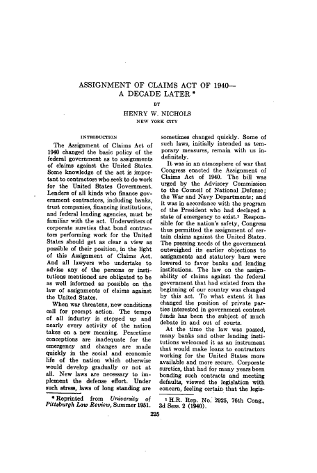 federal assignment of claims act of 1940