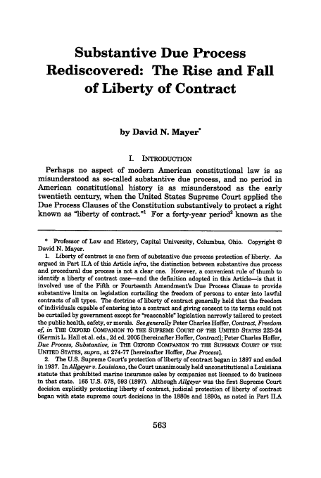 Substantive Due Process Rediscovered: The Rise and Fall of Liberty of Contract 60 Mercer Law ...