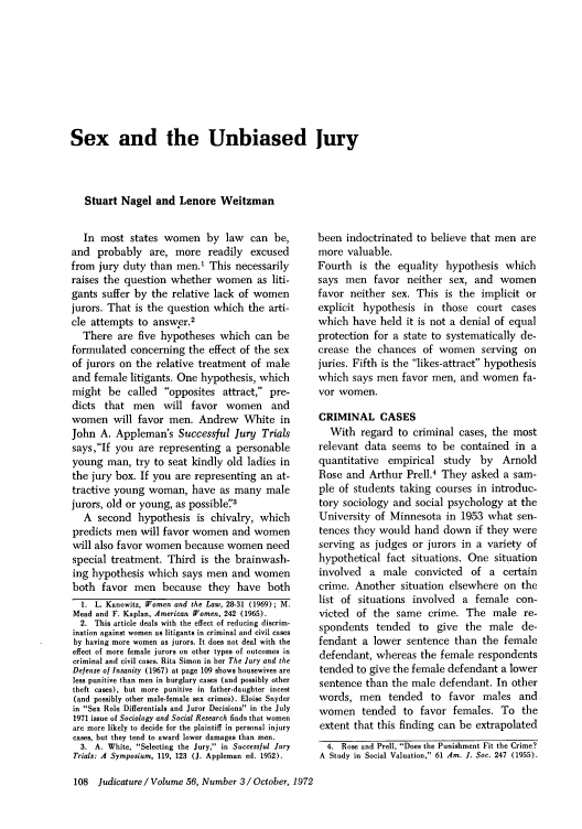 Sex And The Unbiased Jury 56 Judicature 1972 1973